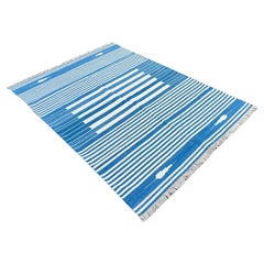 Handmade Cotton Area Flat Weave Rug, 5x7 Blue And White Striped Indian Dhurrie