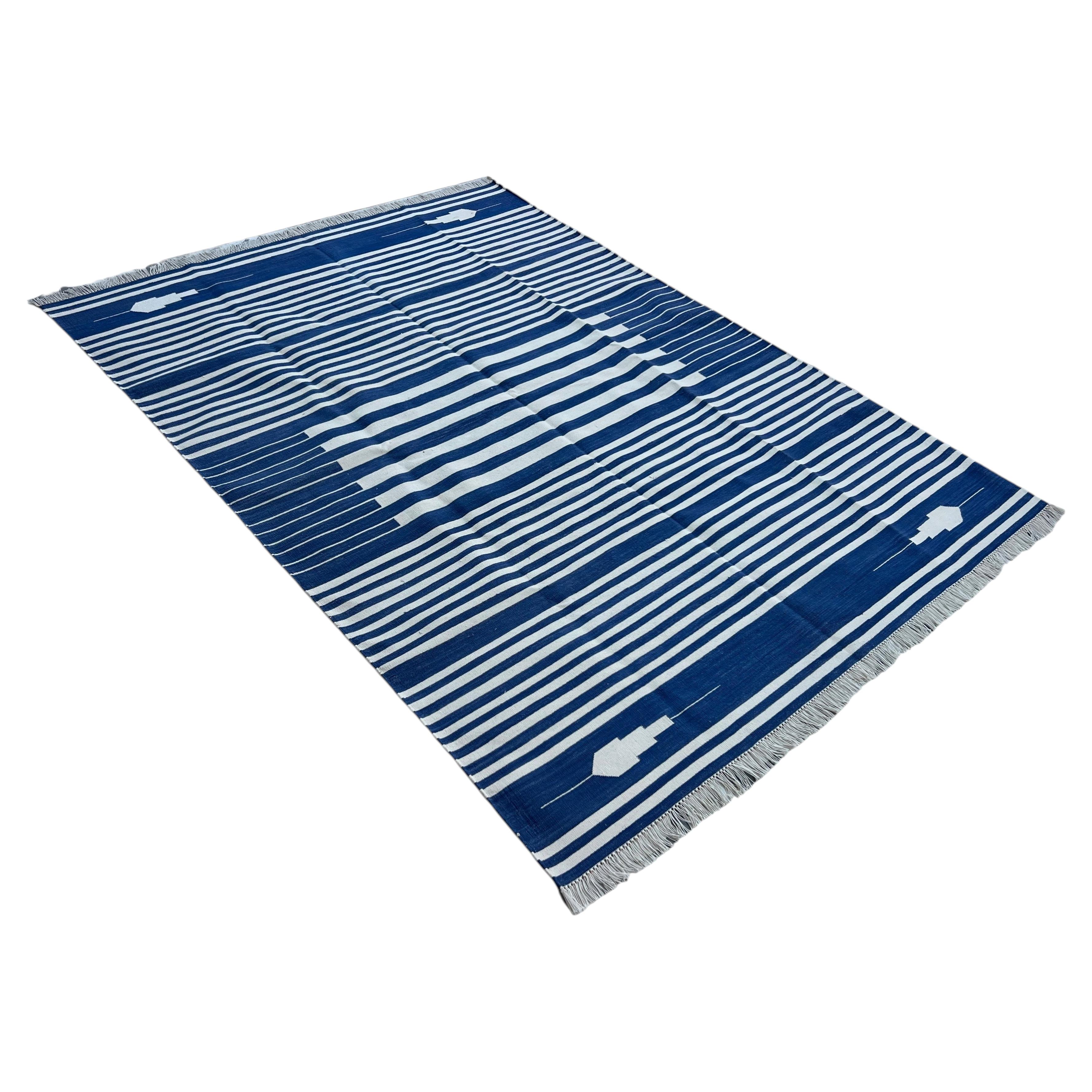 Handmade Cotton Area Flat Weave Rug, 5x7 Blue And White Striped Indian Dhurrie For Sale