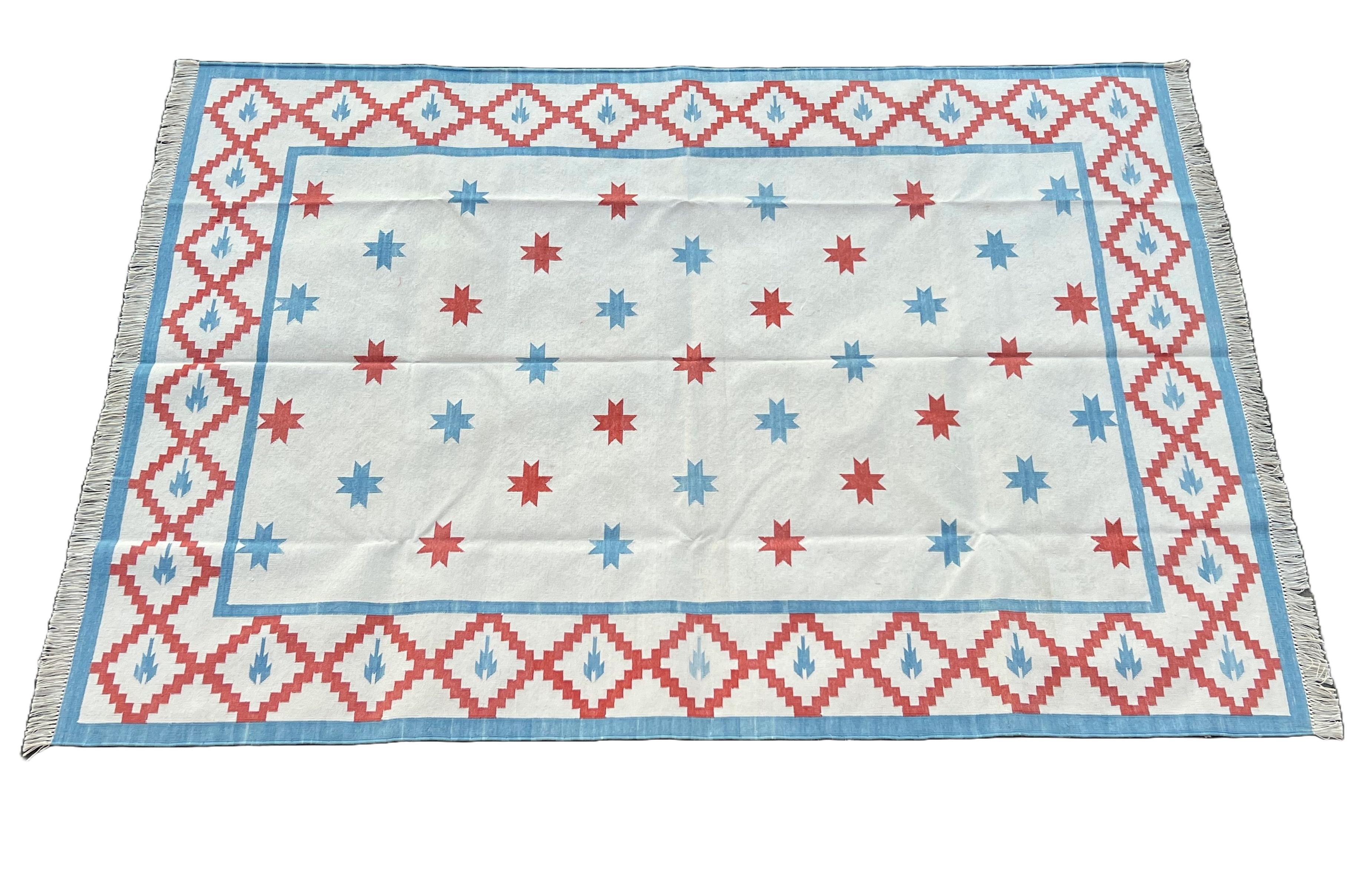 Handmade Cotton Area Flat Weave Rug, 5x7 Cream And Blue Star Indian Dhurrie Rug For Sale 5