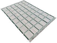 Handmade Cotton Area Flat Weave Rug, 5x7 Cream And Green Checked Indian Dhurrie
