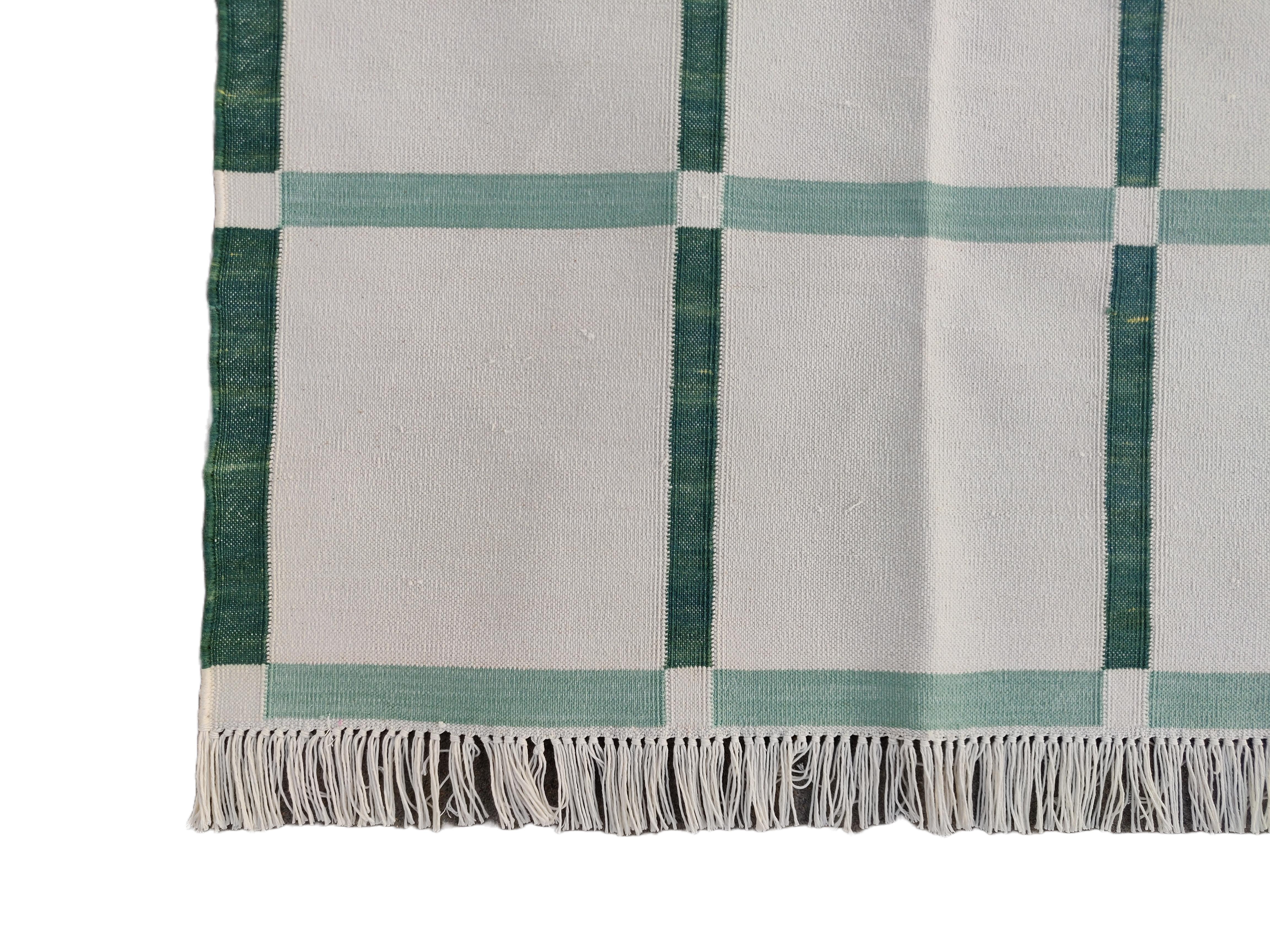 Handmade Cotton Area Flat Weave Rug, 5x7 Cream And Green Checked Indian Dhurrie For Sale 3
