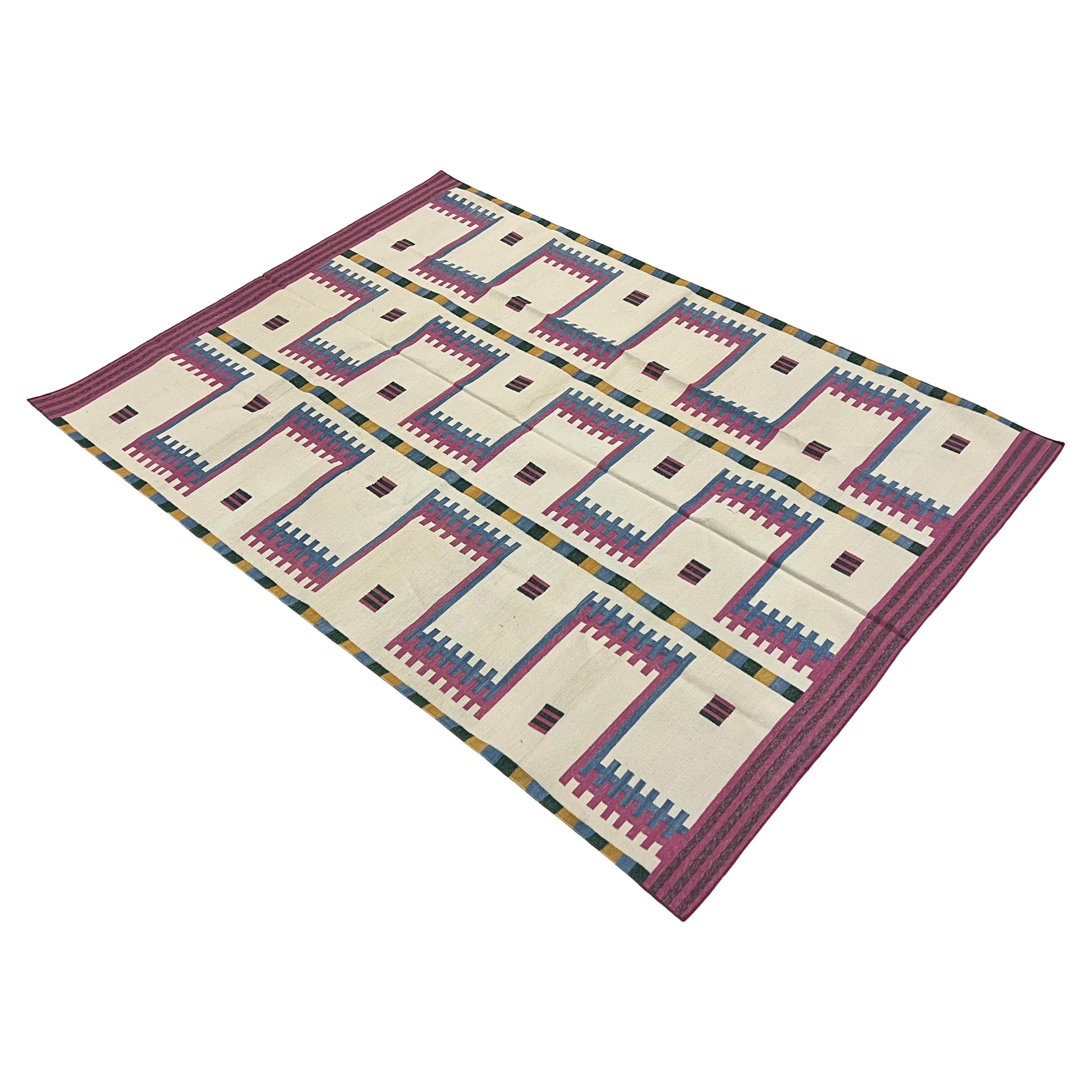 Tappeto a tessitura piatta in cotone fatto a mano, 5x7 crema e rosa, geometrico indiano Dhurrie