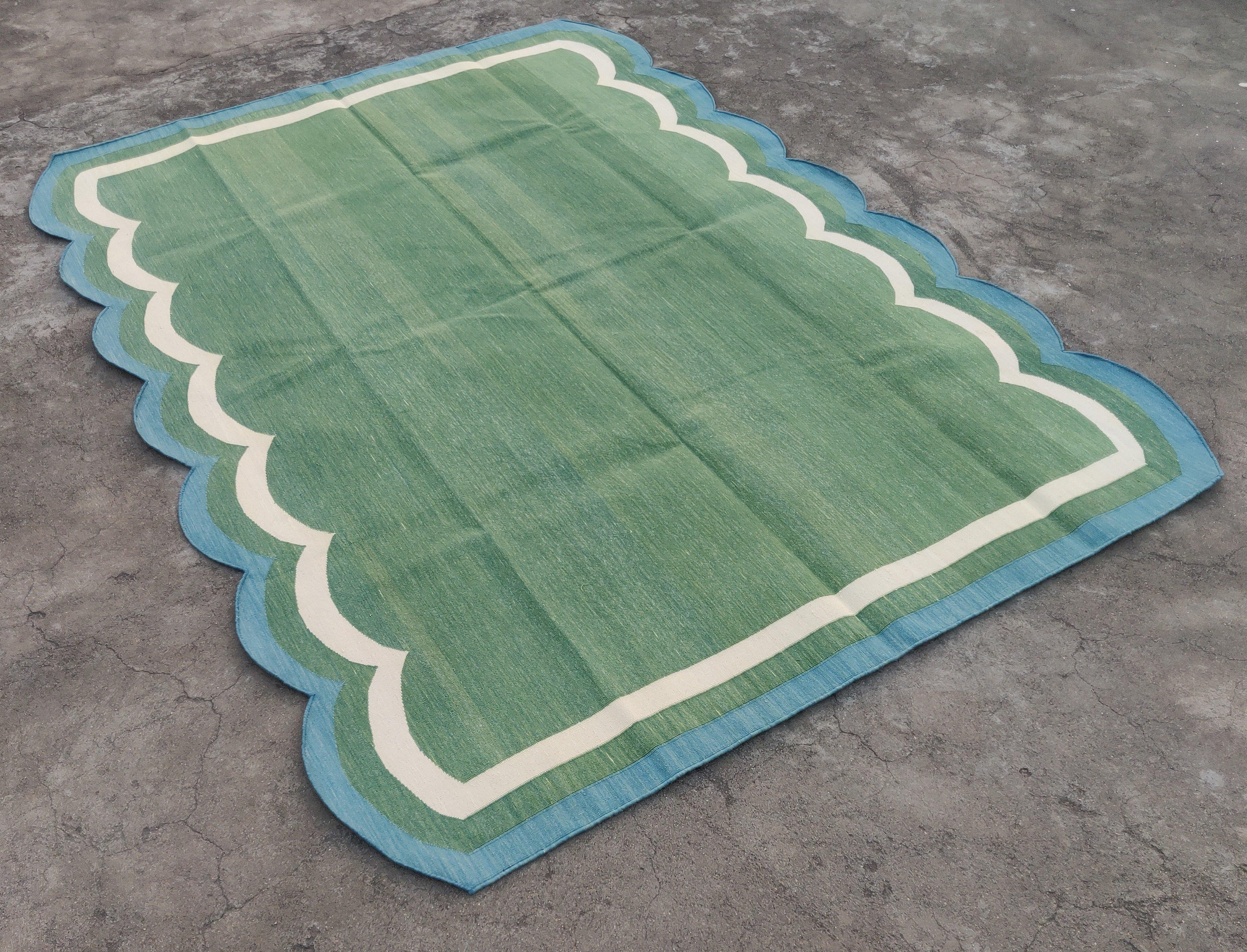 Mid-Century Modern Handmade Cotton Area Flat Weave Rug, 5x7 Green And Blue Scallop Striped Dhurrie For Sale