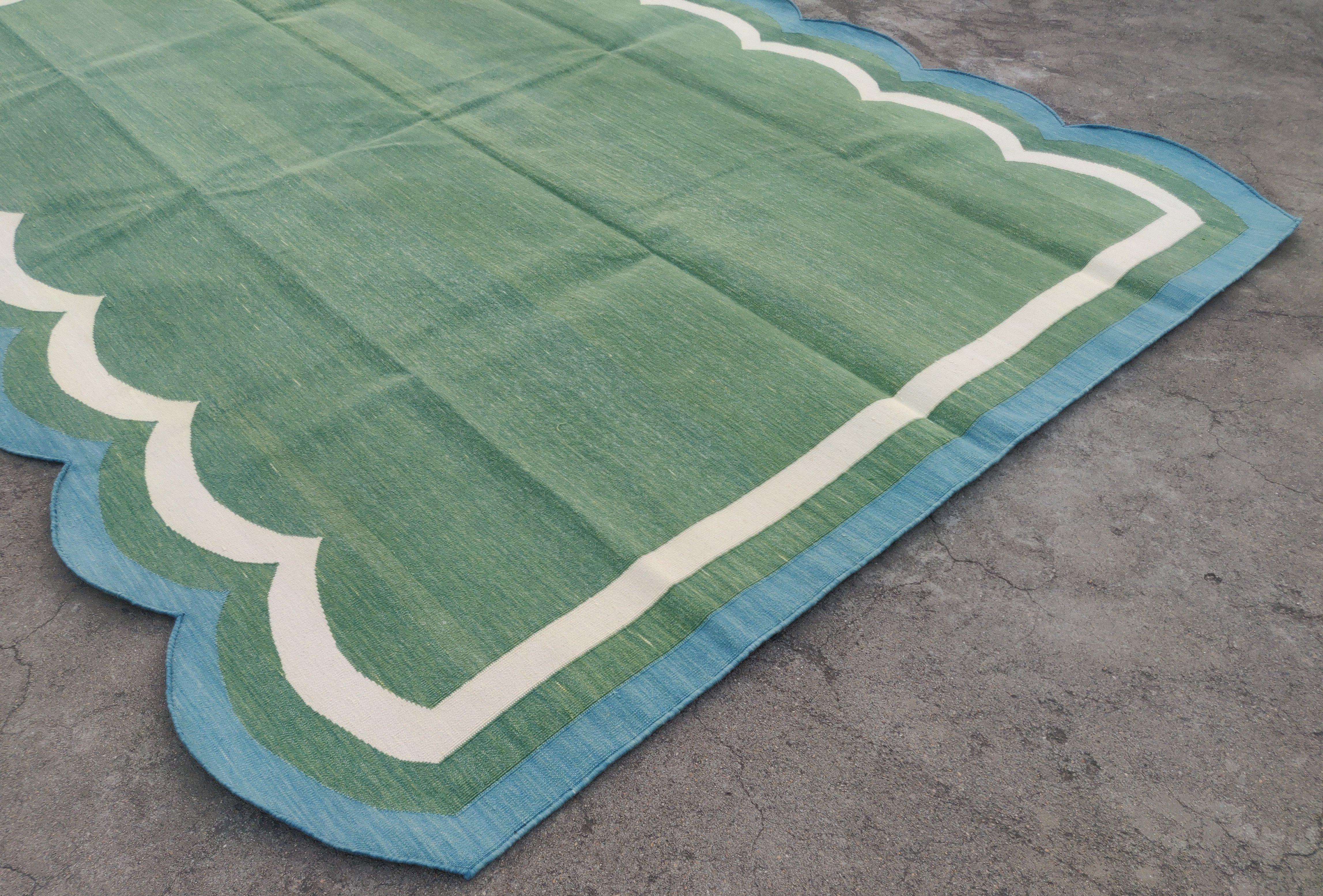 Hand-Woven Handmade Cotton Area Flat Weave Rug, 5x7 Green And Blue Scallop Striped Dhurrie For Sale