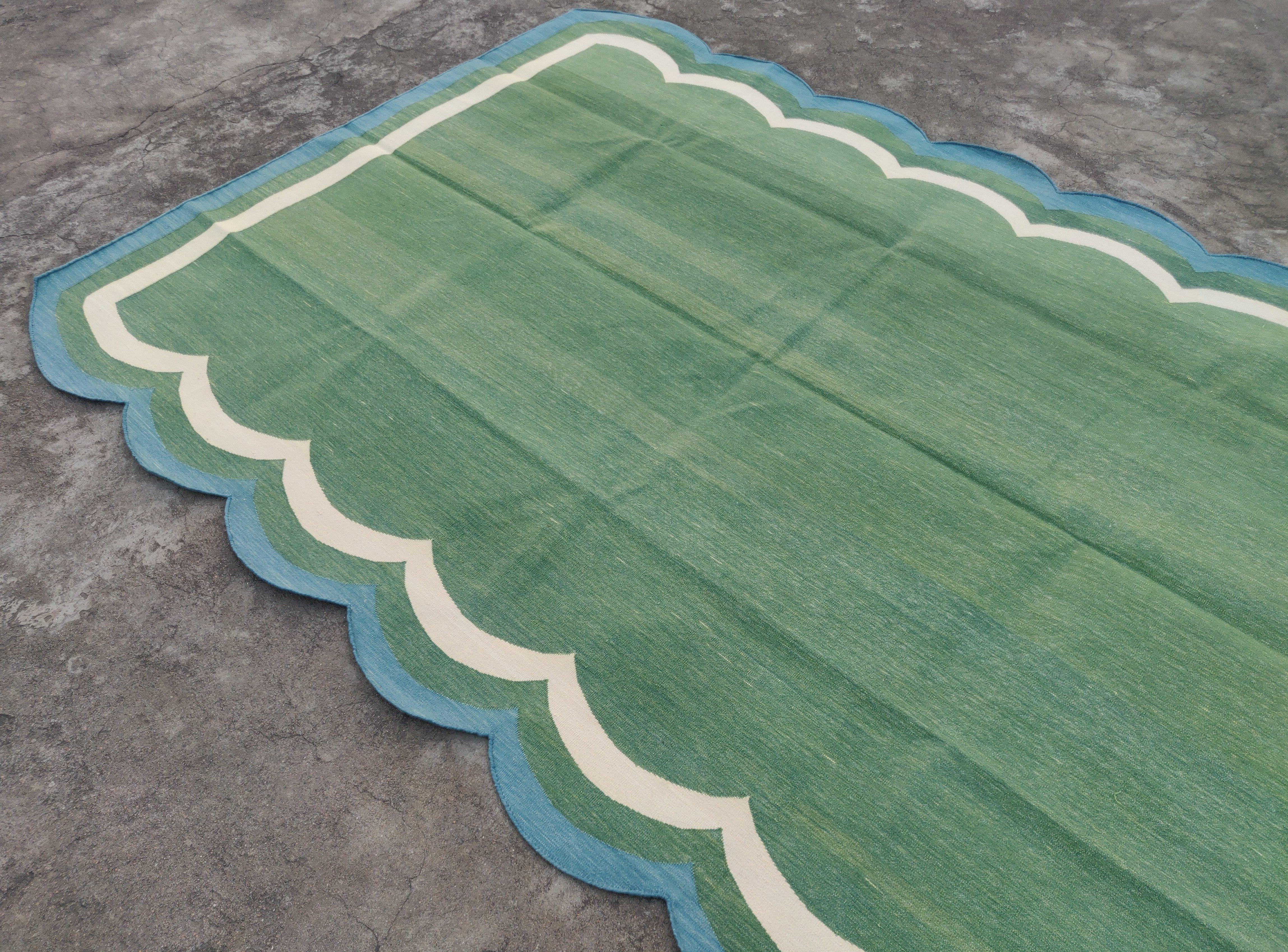 Contemporary Handmade Cotton Area Flat Weave Rug, 5x7 Green And Blue Scallop Striped Dhurrie For Sale