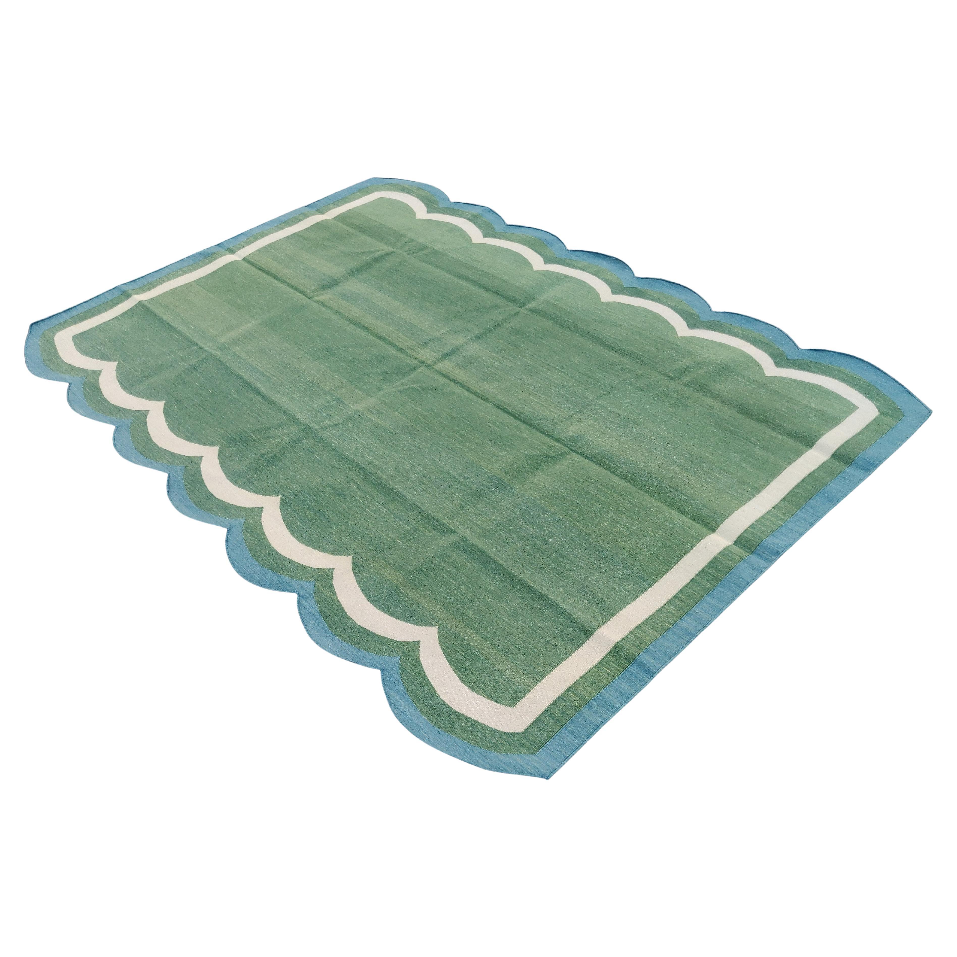 Handmade Cotton Area Flat Weave Rug, 5x7 Green And Blue Scallop Striped Dhurrie For Sale