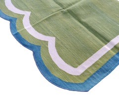 Handmade Cotton Area Flat Weave Rug, 5x7 Green And Blue Scalloped Indian Dhurrie