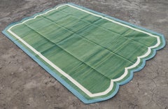 Handmade Cotton Area Flat Weave Rug, 5x7 Green And Blue Scalloped Indian Dhurrie