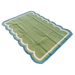 Handgefertigter flacher Baumwollteppich mit Flachgewebe, 5x7 Grüner und blauer Wellenschliff indischer Dhurrie