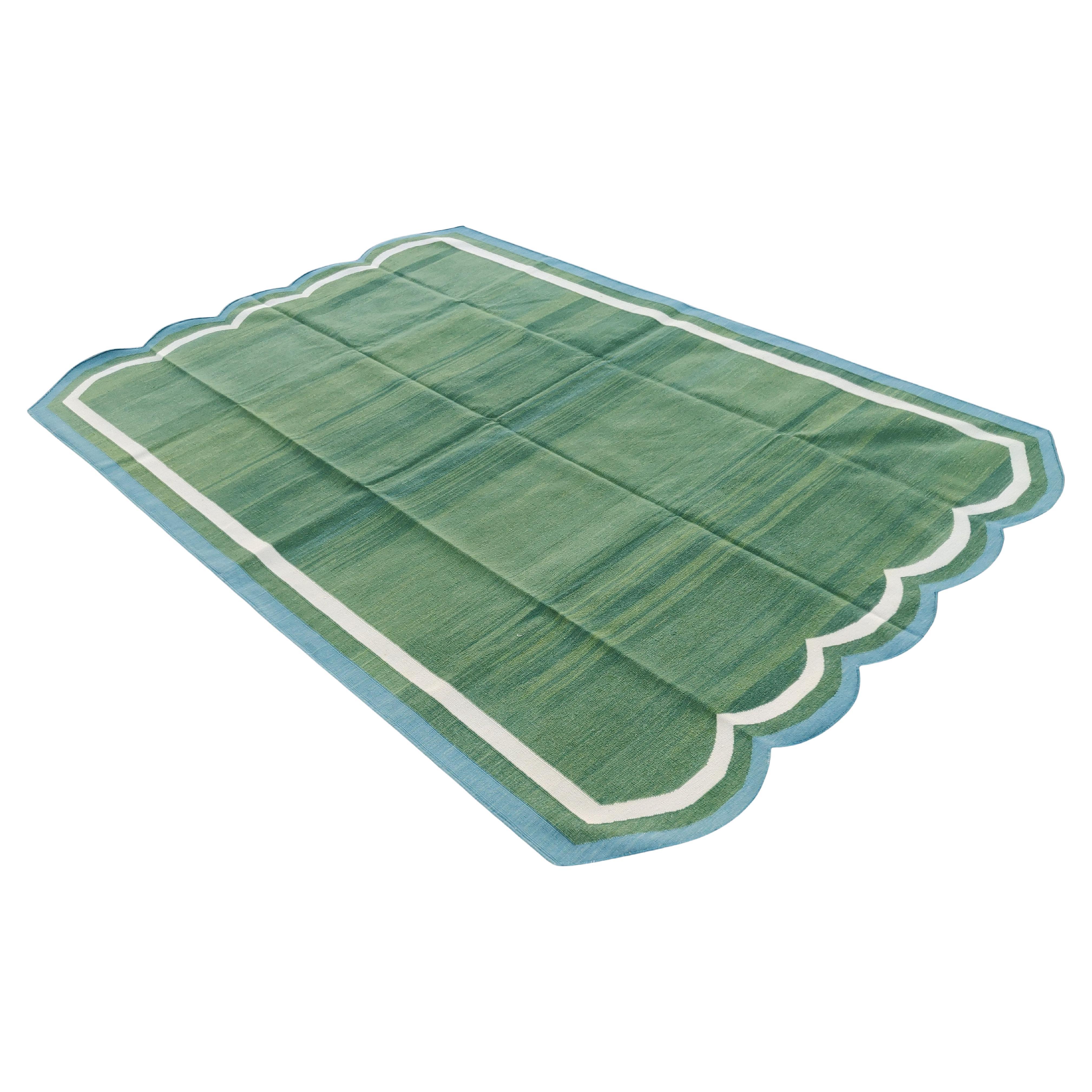 Handmade Cotton Area Flat Weave Rug, 5x7 Green And Blue Scalloped Indian Dhurrie
