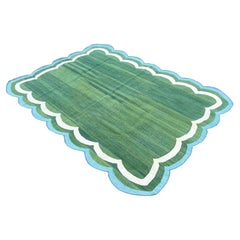 Tapis Dhurrie indien festonné fait à la main, 5 x 7, vert et bleu
