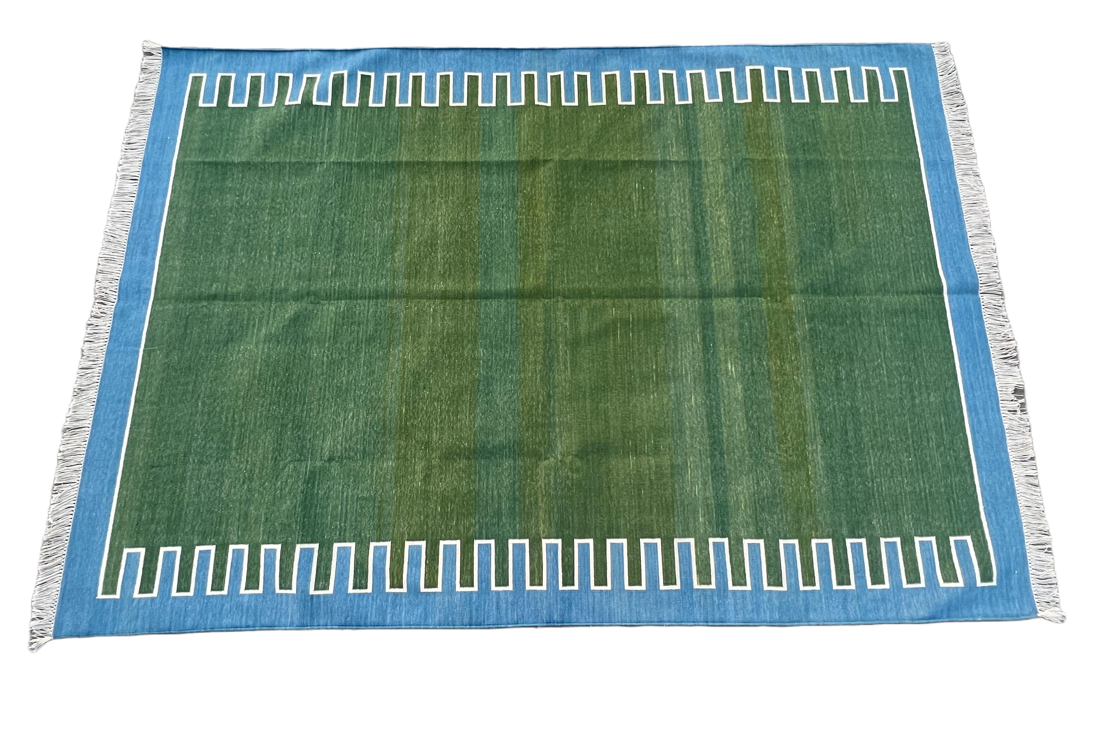 Handmade Cotton Area Flat Weave Rug, 5x7 Green And Blue Striped Indian Dhurrie For Sale 4