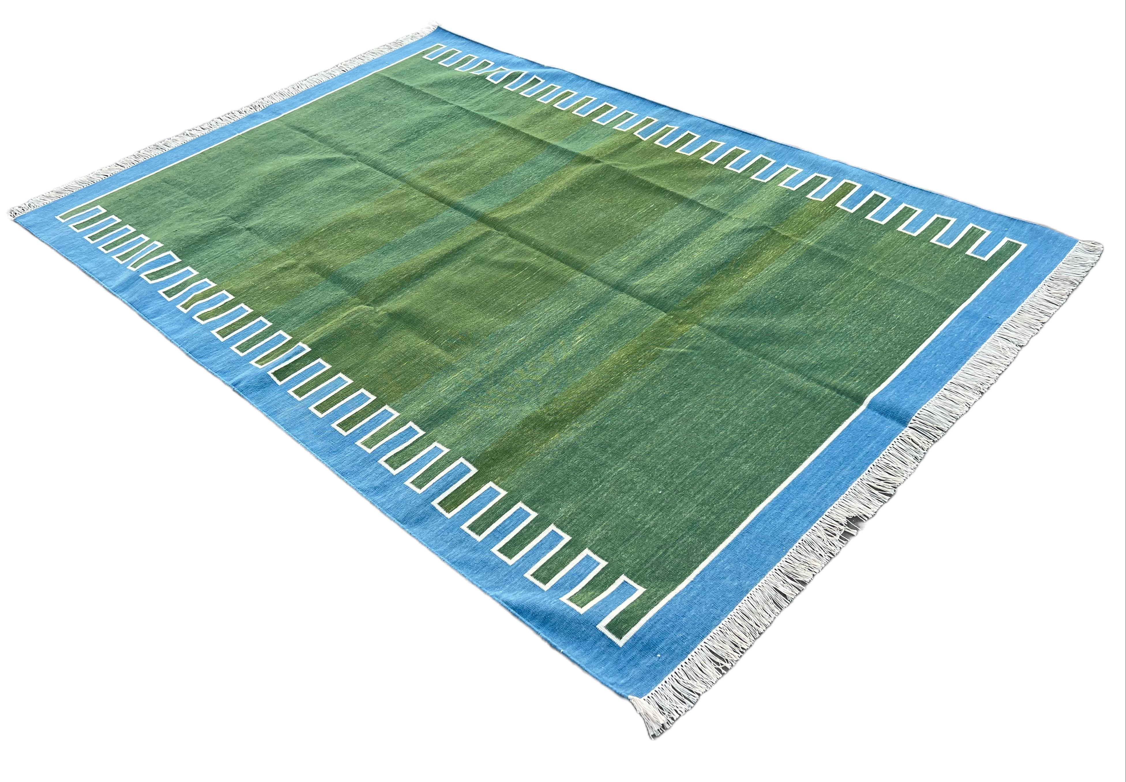 Handmade Cotton Area Flat Weave Rug, 5x7 Green And Blue Striped Indian Dhurrie For Sale 5