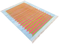Handmade Cotton Area Flat Weave Rug, 5x7 Green And Blue Striped Indian Dhurrie