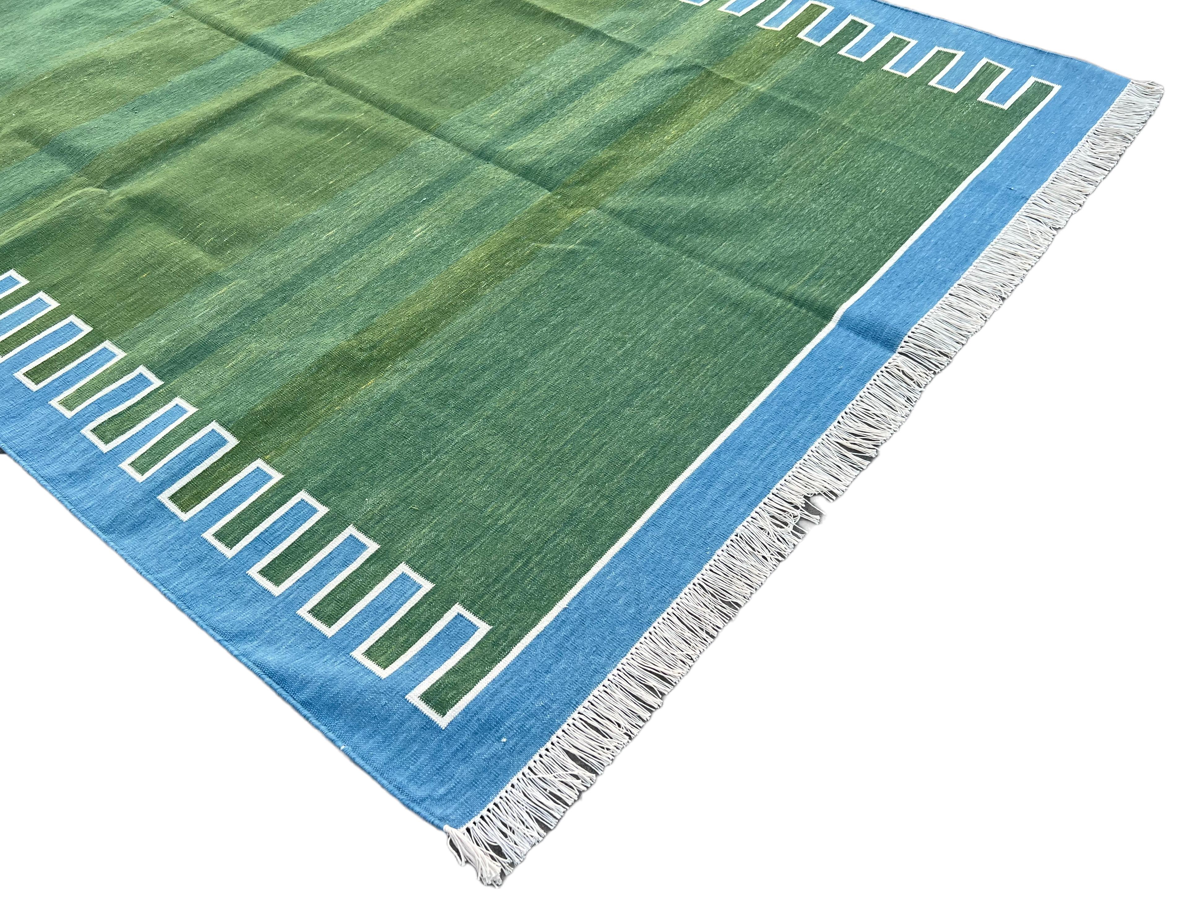 Hand-Woven Handmade Cotton Area Flat Weave Rug, 5x7 Green And Blue Striped Indian Dhurrie For Sale