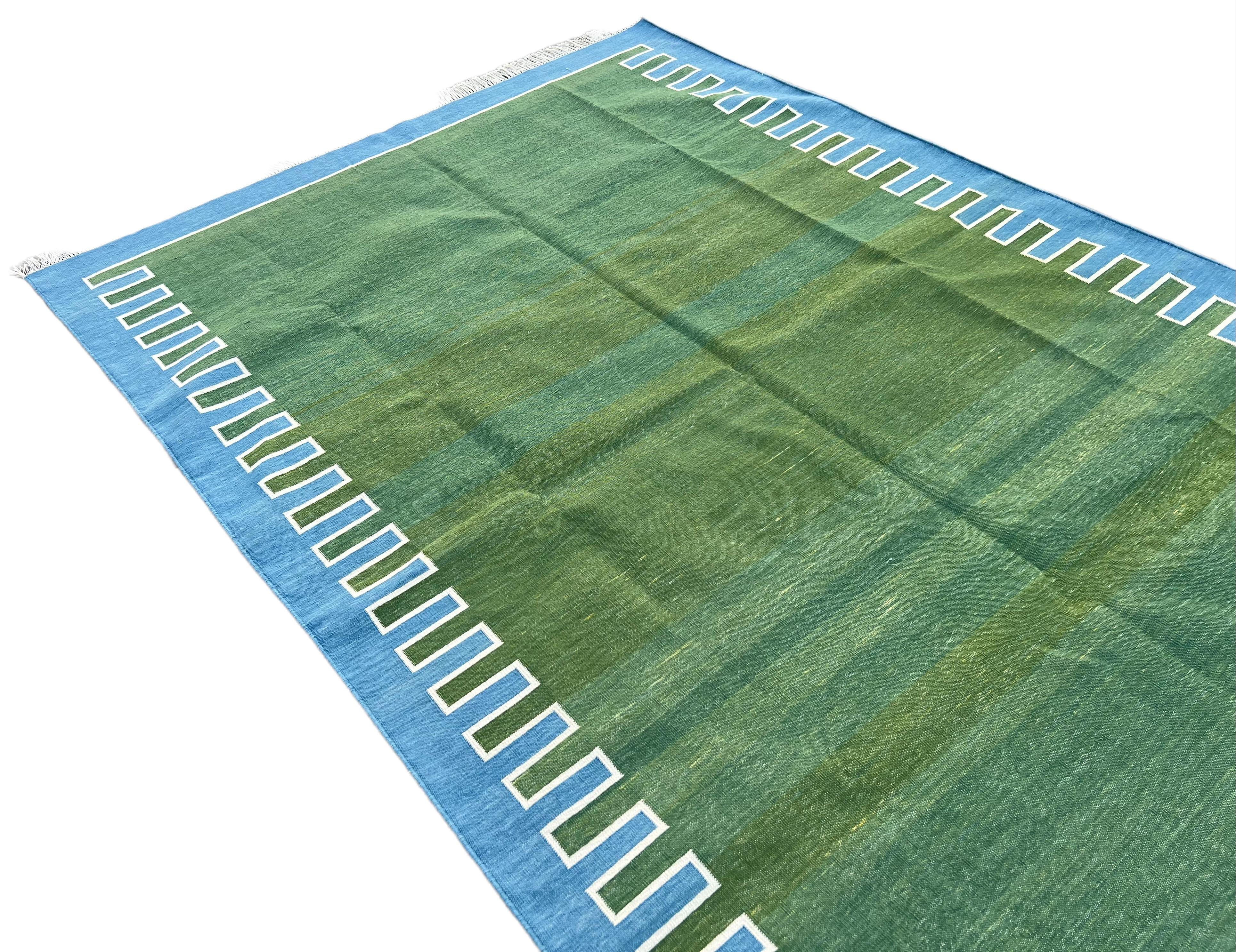 Handmade Cotton Area Flat Weave Rug, 5x7 Green And Blue Striped Indian Dhurrie In New Condition For Sale In Jaipur, IN