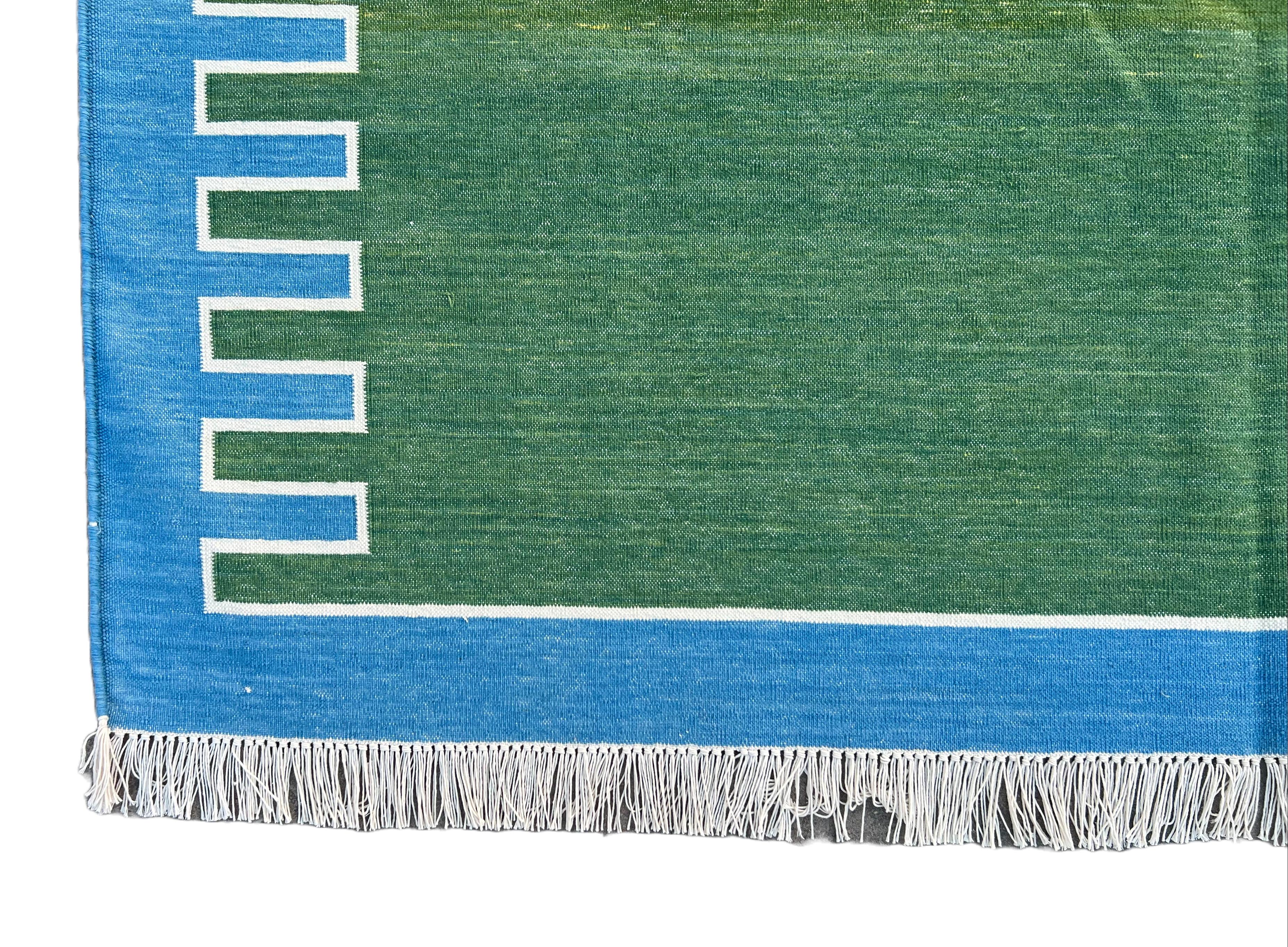Contemporary Handmade Cotton Area Flat Weave Rug, 5x7 Green And Blue Striped Indian Dhurrie For Sale