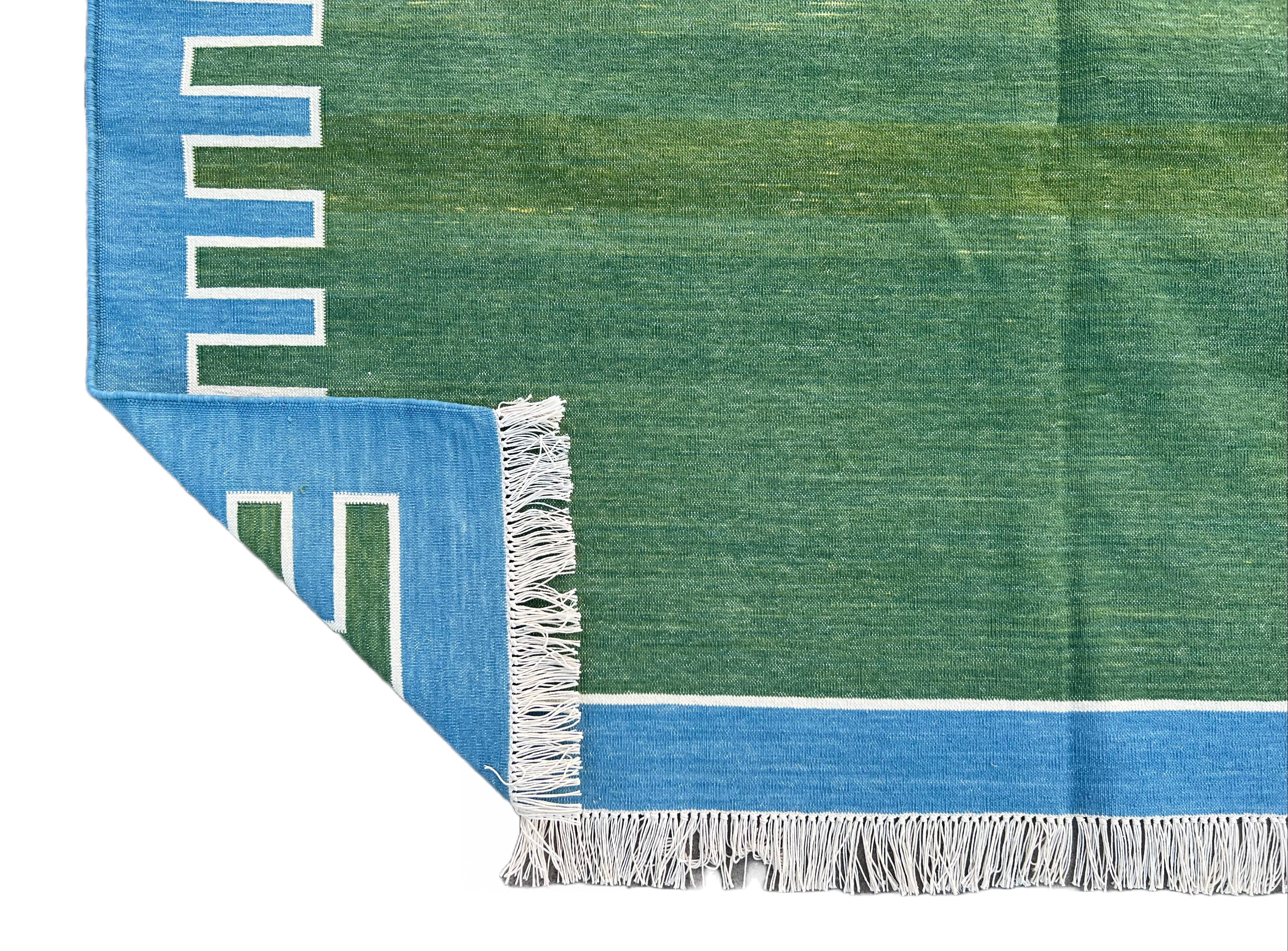Handmade Cotton Area Flat Weave Rug, 5x7 Green And Blue Striped Indian Dhurrie For Sale 1