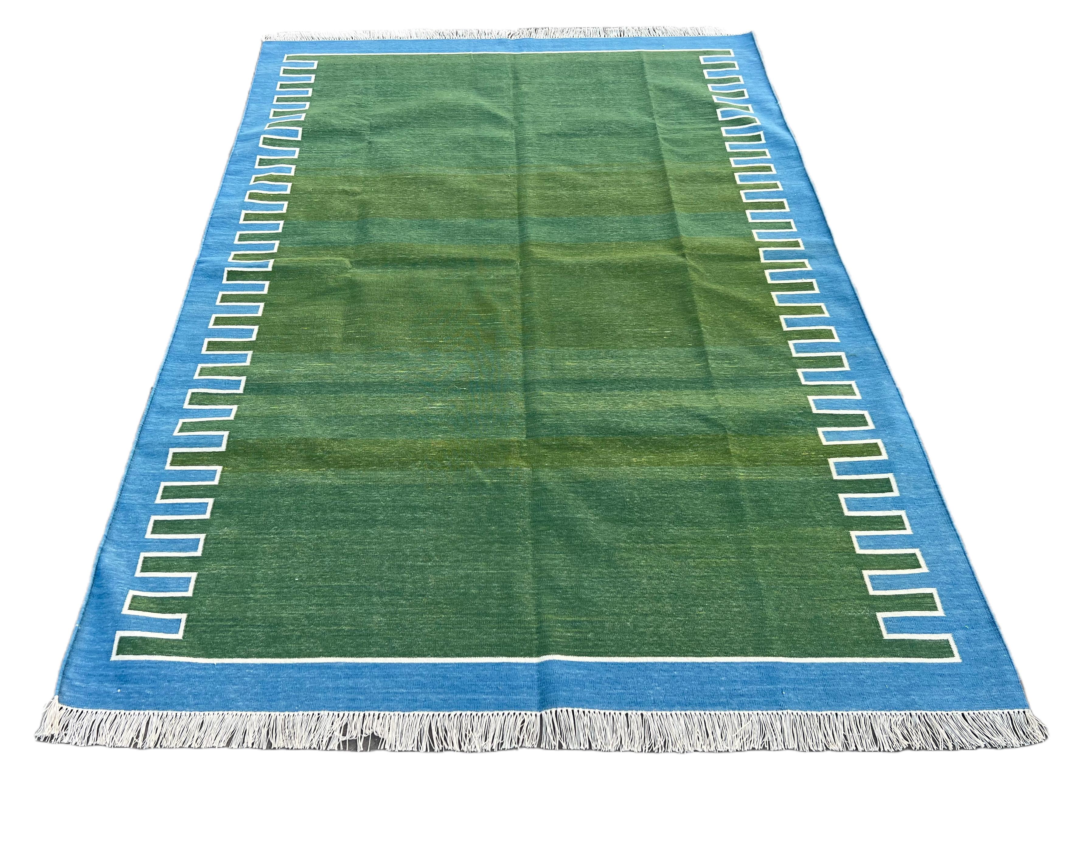 Handmade Cotton Area Flat Weave Rug, 5x7 Green And Blue Striped Indian Dhurrie For Sale 2
