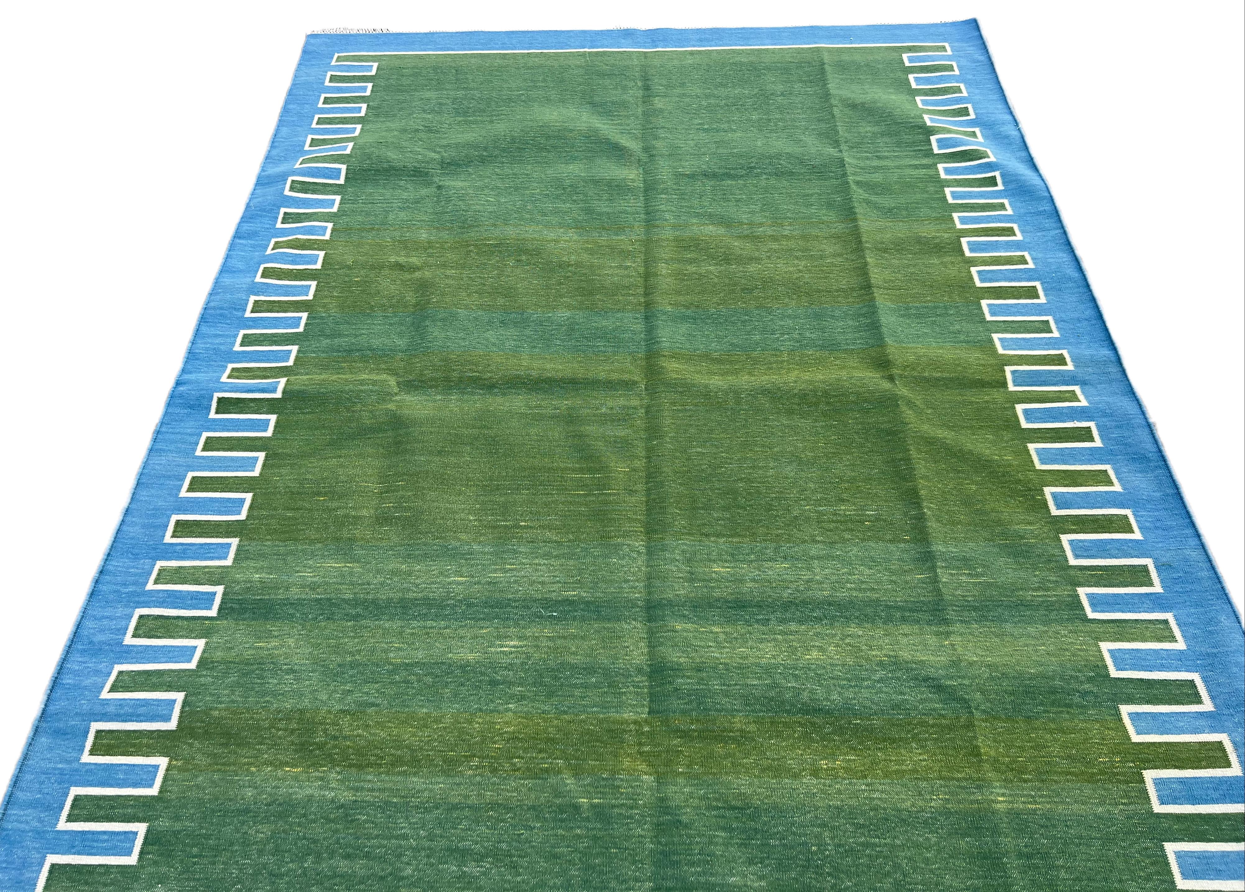 Handmade Cotton Area Flat Weave Rug, 5x7 Green And Blue Striped Indian Dhurrie For Sale 3