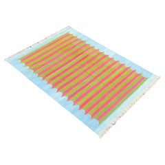 Handmade Cotton Area Flat Weave Rug, 5x7 Green And Blue Striped Indian Dhurrie