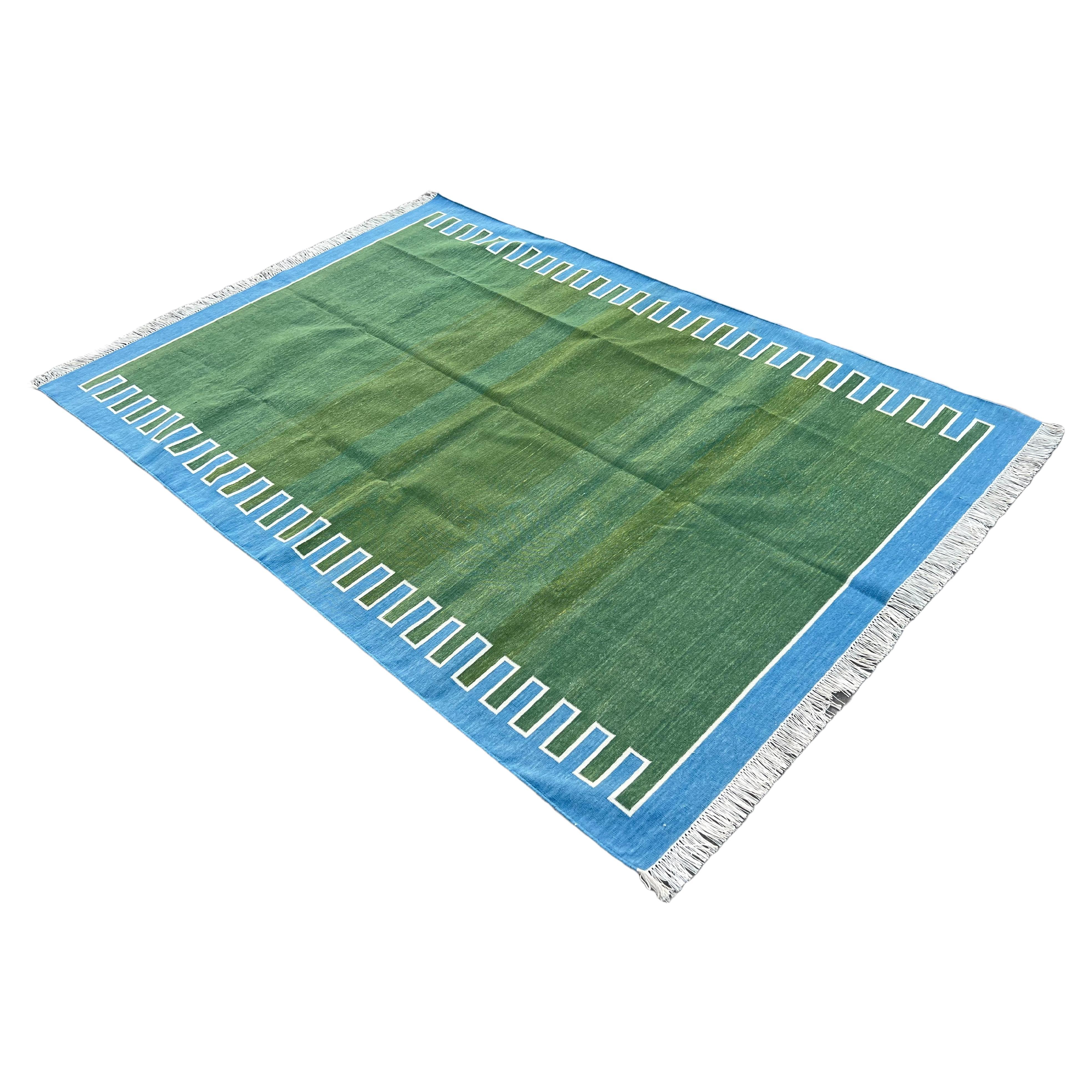 Handmade Cotton Area Flat Weave Rug, 5x7 Green And Blue Striped Indian Dhurrie