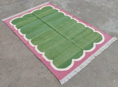Handmade Cotton Area Flat Weave Rug, 5x7 Green And Pink Scallop Striped Dhurrie