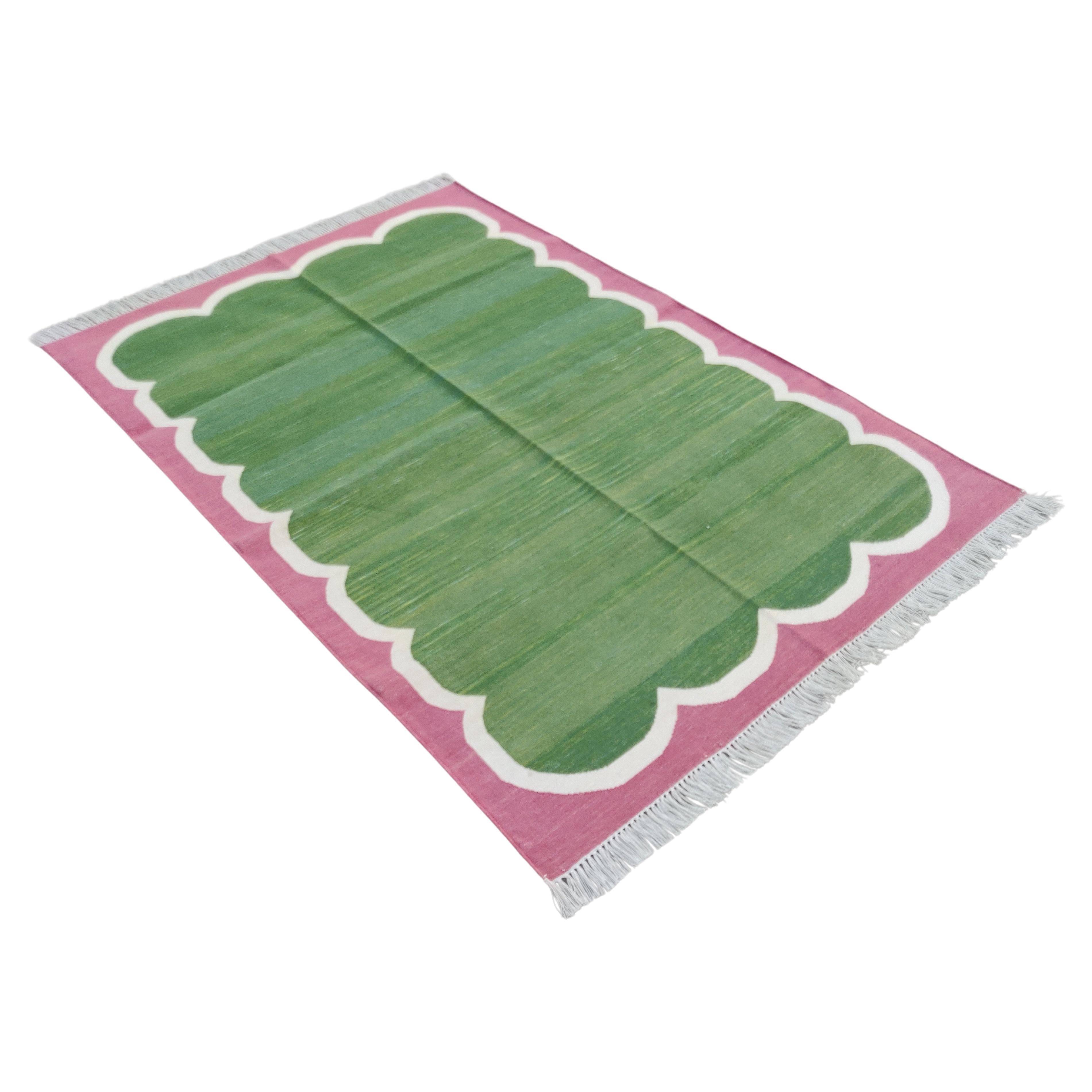 Handmade Cotton Area Flat Weave Rug, 5x7 Green And Pink Scallop Striped Dhurrie For Sale