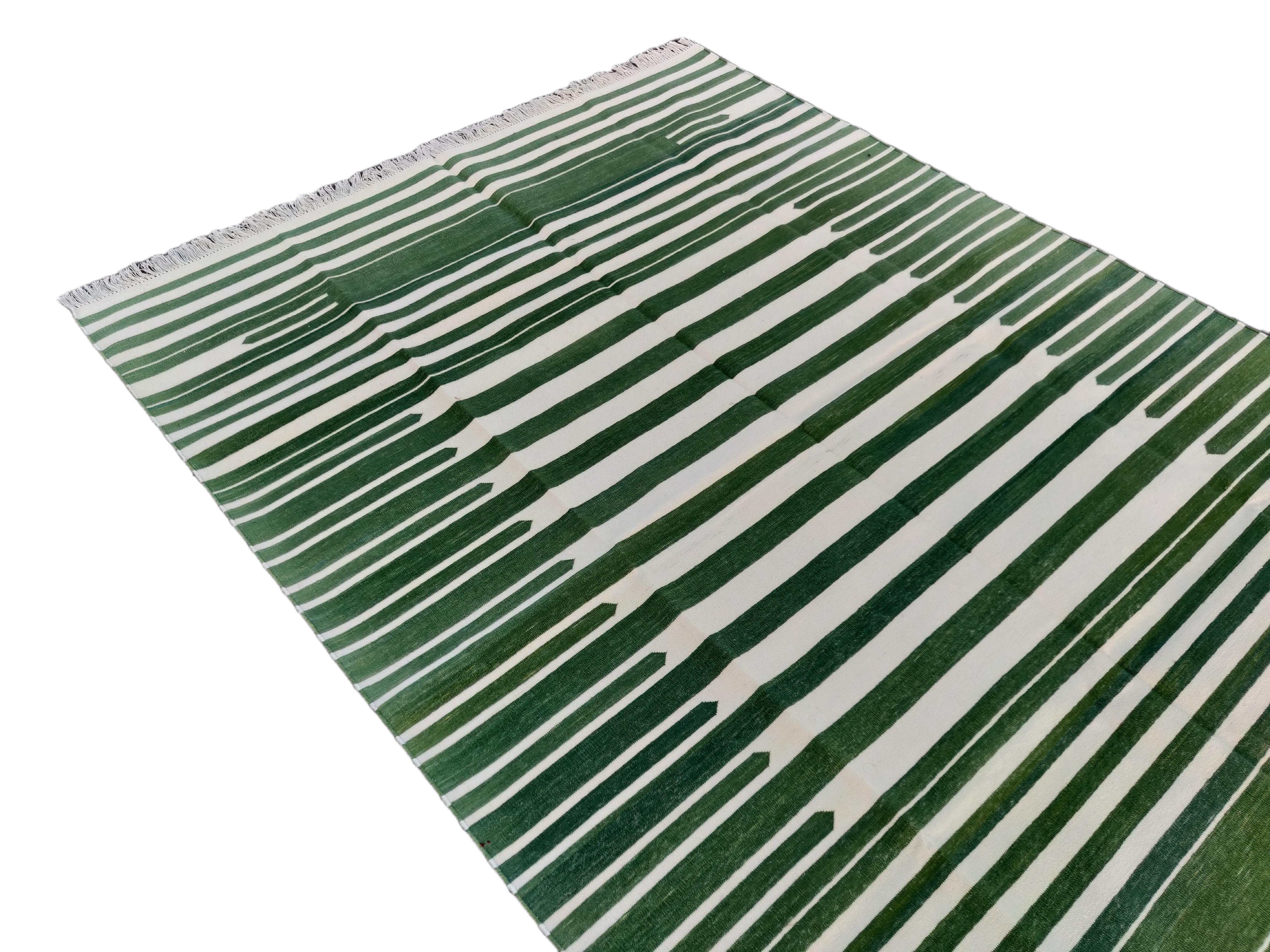 Hand-Woven Handmade Cotton Area Flat Weave Rug, 5x7 Green And White Striped Indian Dhurrie For Sale