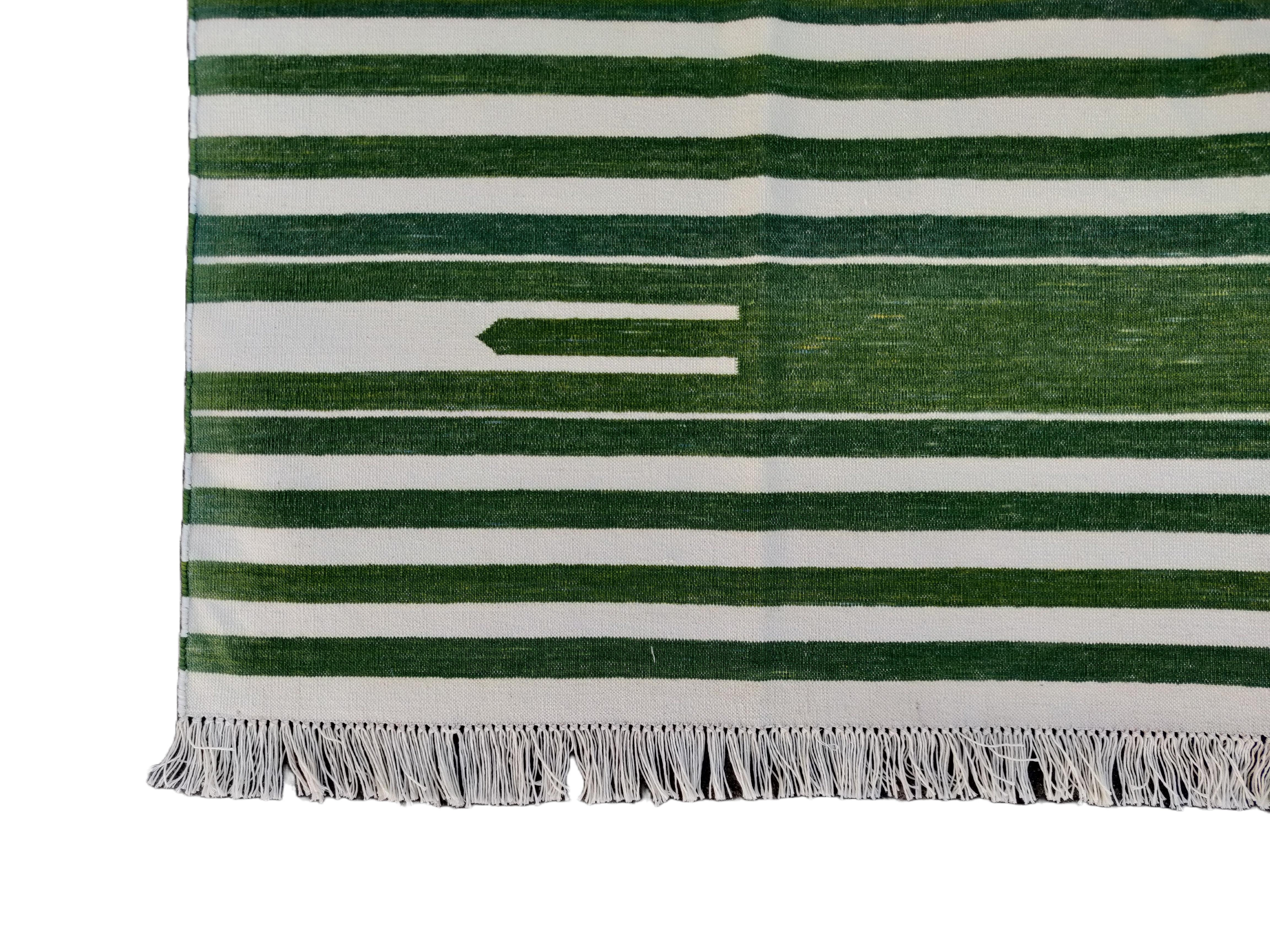 Handmade Cotton Area Flat Weave Rug, 5x7 Green And White Striped Indian Dhurrie For Sale 1