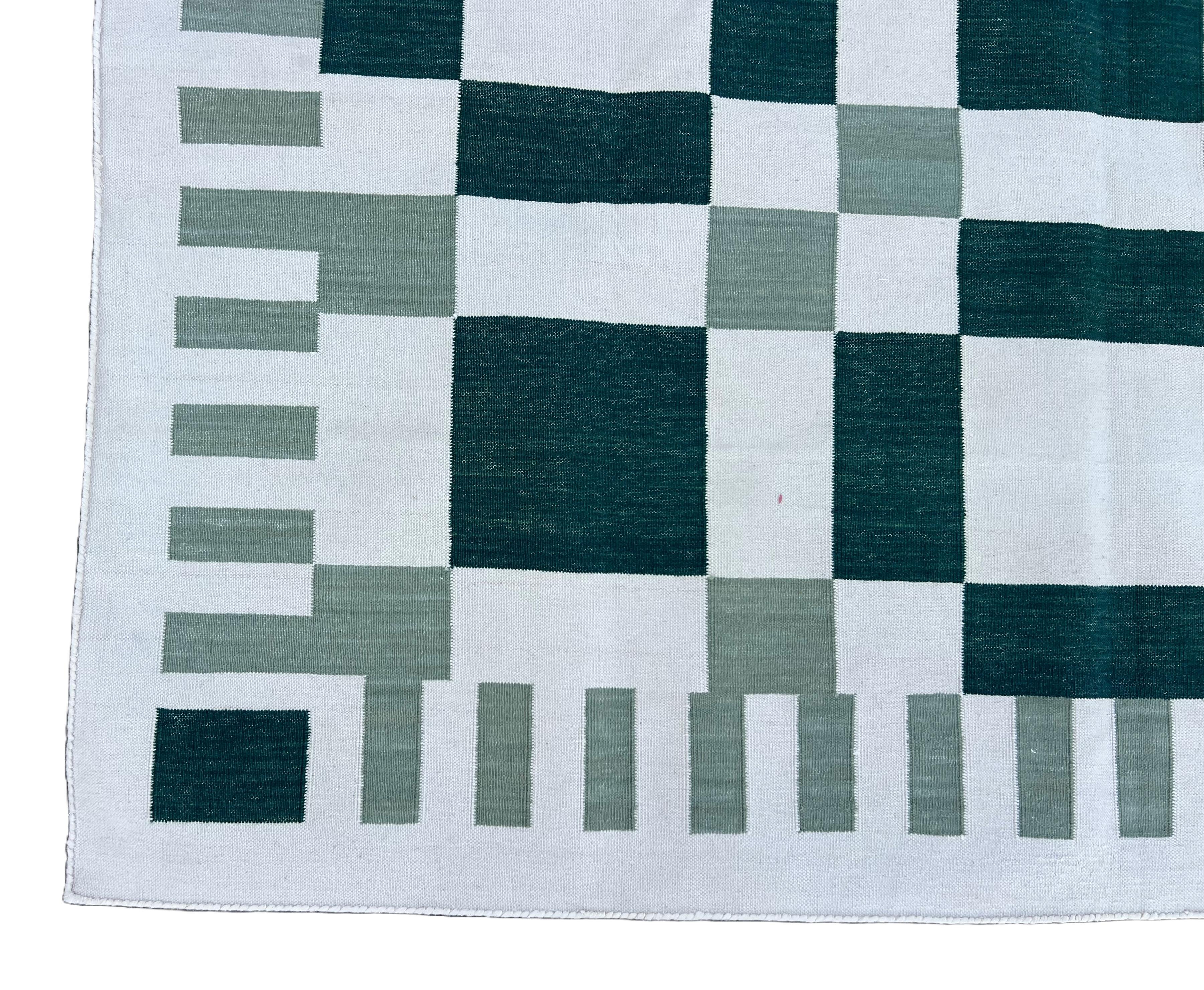 Cotone Tappeto a trama piatta in cotone fatto a mano, 5x7 Greene & Greene, Crema Geometrico Indiano Dhurrie in vendita