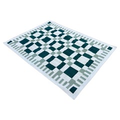 Handmade Cotton Area Flat Weave Rug, 5x7 Green, Cream Geometric Indian Dhurrie