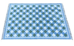 Handmade Cotton Area Flat Weave Rug, 5x7 Green, Sky Blue Checked Indian Dhurrie