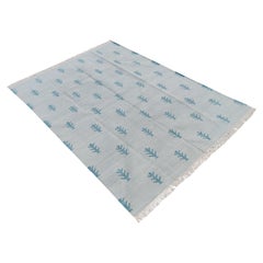 Handgefertigter Flachgewebe-Teppich aus Baumwolle, 5x7 Grau, Blau, Baummuster Indian Dhurrie