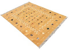 Handmade Cotton Area Flat Weave Rug, 5x7 Mustard Indian Shooting Star Dhurrie