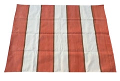 Tappeto a trama piatta in cotone fatto a mano, 5x7 a strisce arancioni e crema, Dhurrie indiano