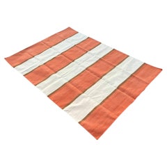 Tappeto a trama piatta in cotone fatto a mano, 5x7 a strisce arancioni e crema, Dhurrie indiano