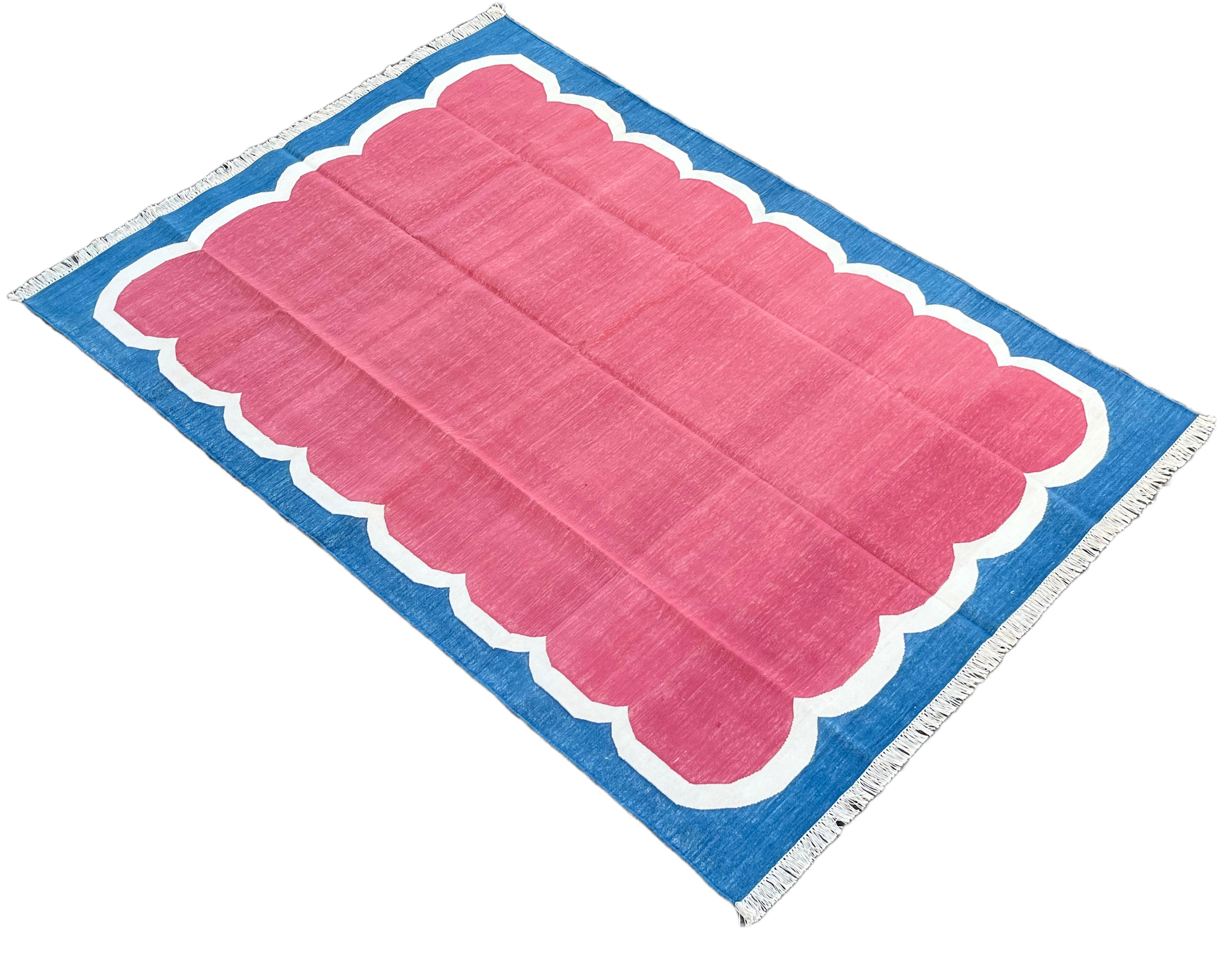 Cotton Vegetable Dyed Pink And Blue Scalloped Striped Indian Dhurrie Rug-5'x7' 
These special flat-weave dhurries are hand-woven with 15 ply 100% cotton yarn. Due to the special manufacturing techniques used to create our rugs, the size and color of