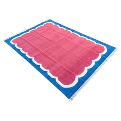 Handmade Cotton Area Flat Weave Rug, 5x7 Pink And Blue Scalloped Indian Dhurrie