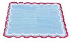 Handmade Cotton Area Flat Weave Rug, 5x7 Sky Blue, Red Scalloped Indian Dhurrie