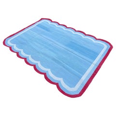 Handmade Cotton Area Flat Weave Rug, 5x7 Sky Blue, Red Scalloped Indian Dhurrie