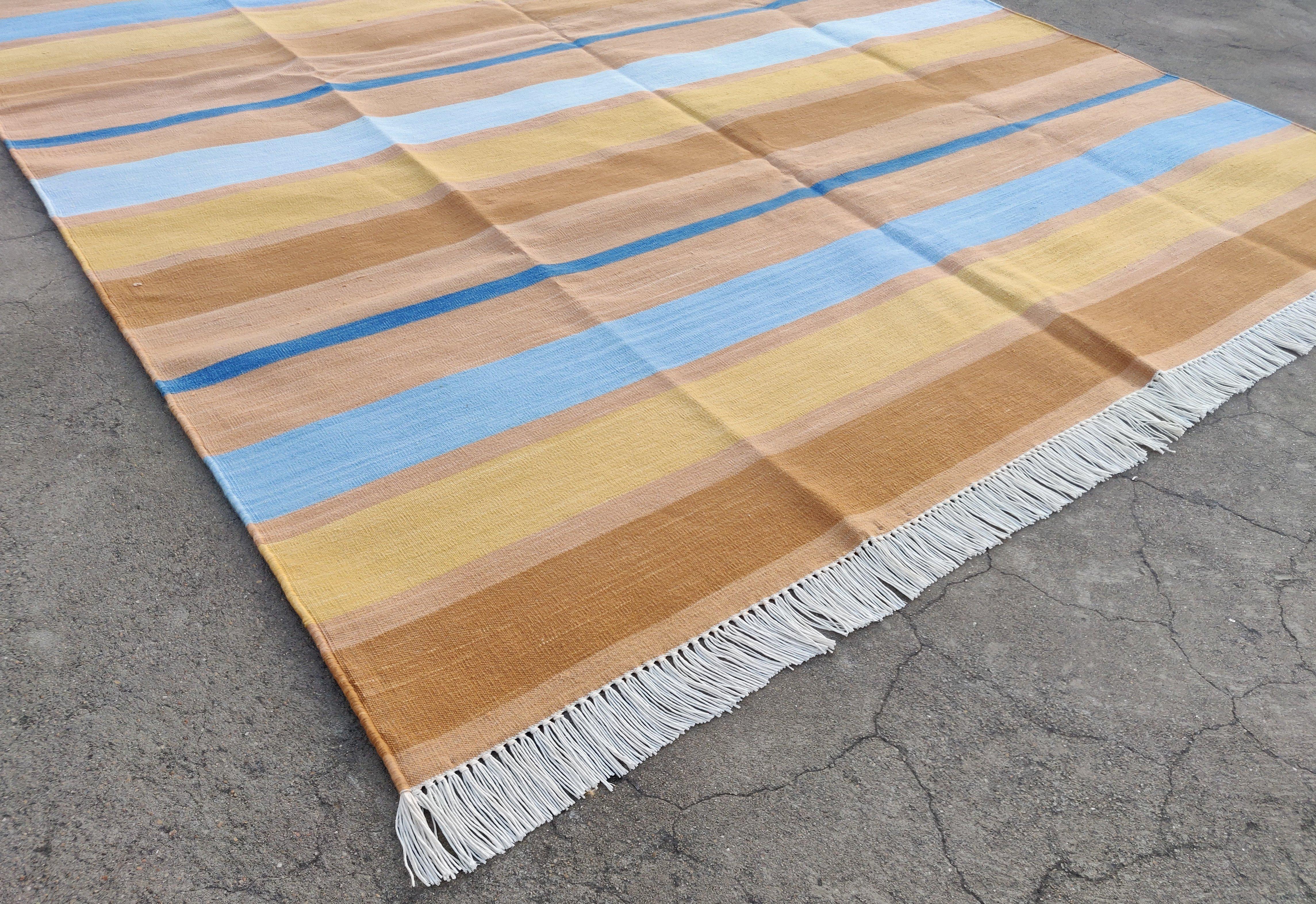 Mid-Century Modern Handmade Cotton Area Flat Weave Rug, 5x7 Tan And Blue Striped Indian Dhurrie Rug For Sale