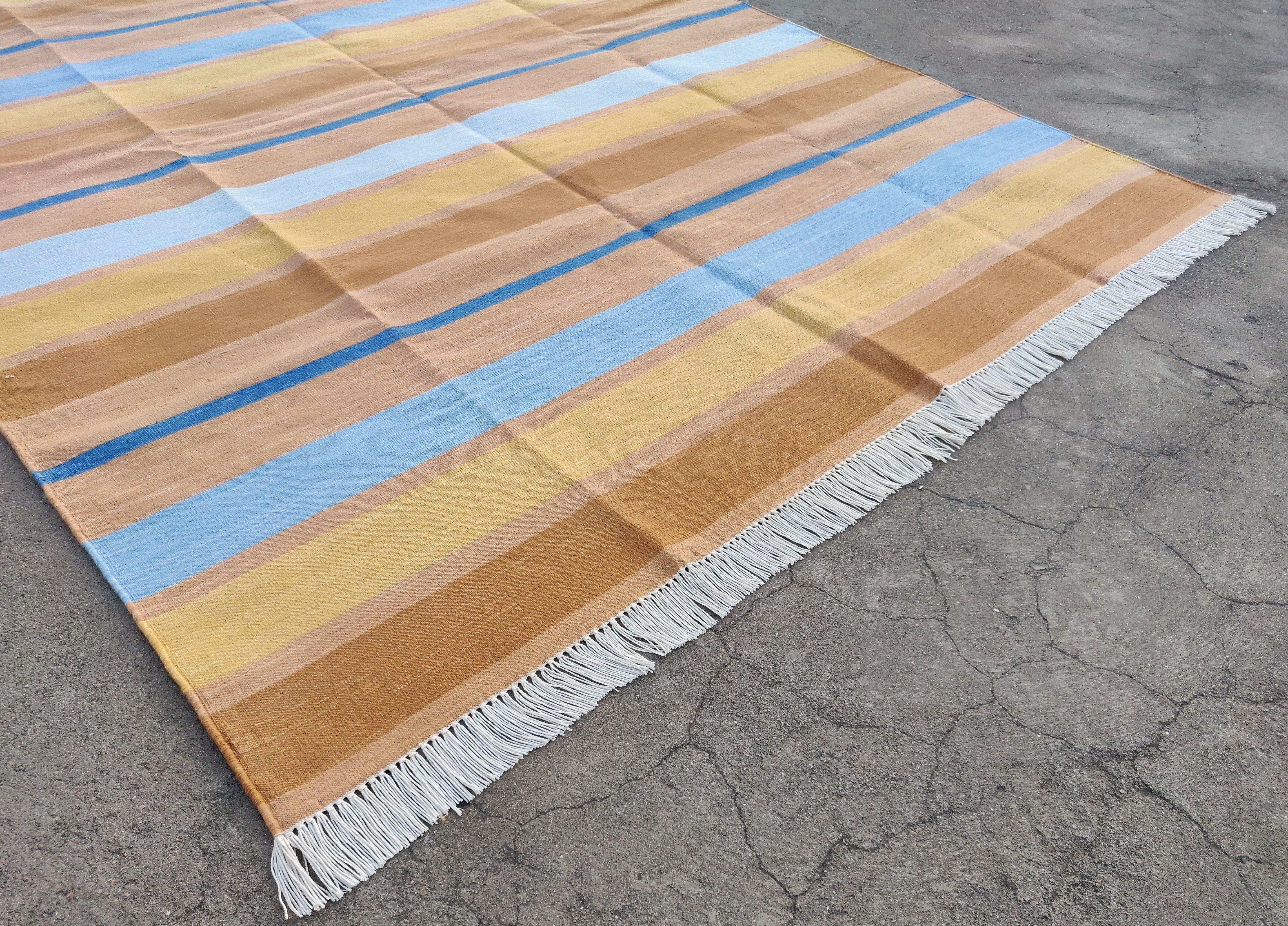 Hand-Woven Handmade Cotton Area Flat Weave Rug, 5x7 Tan And Blue Striped Indian Dhurrie Rug For Sale