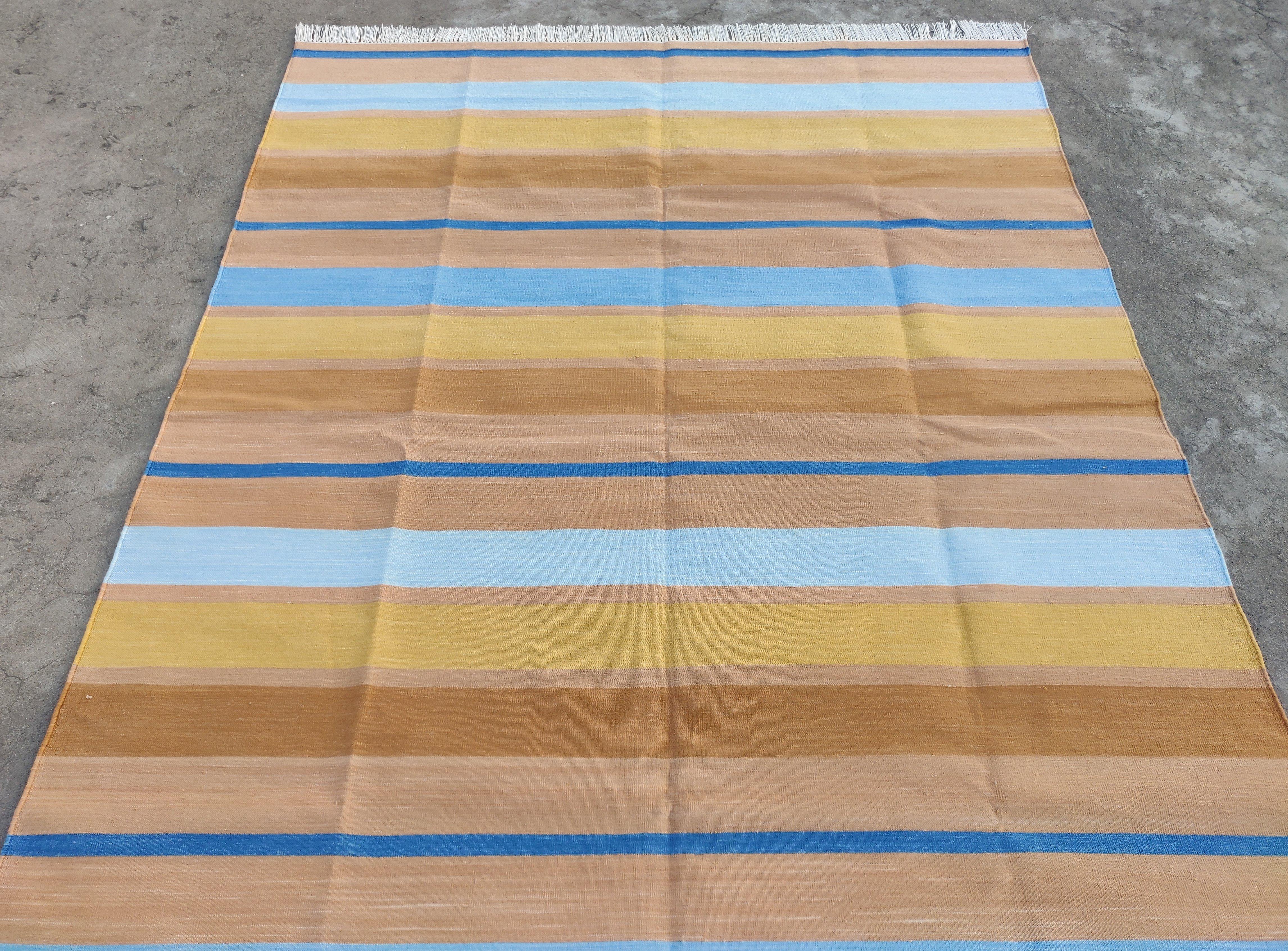 Contemporary Handmade Cotton Area Flat Weave Rug, 5x7 Tan And Blue Striped Indian Dhurrie Rug For Sale