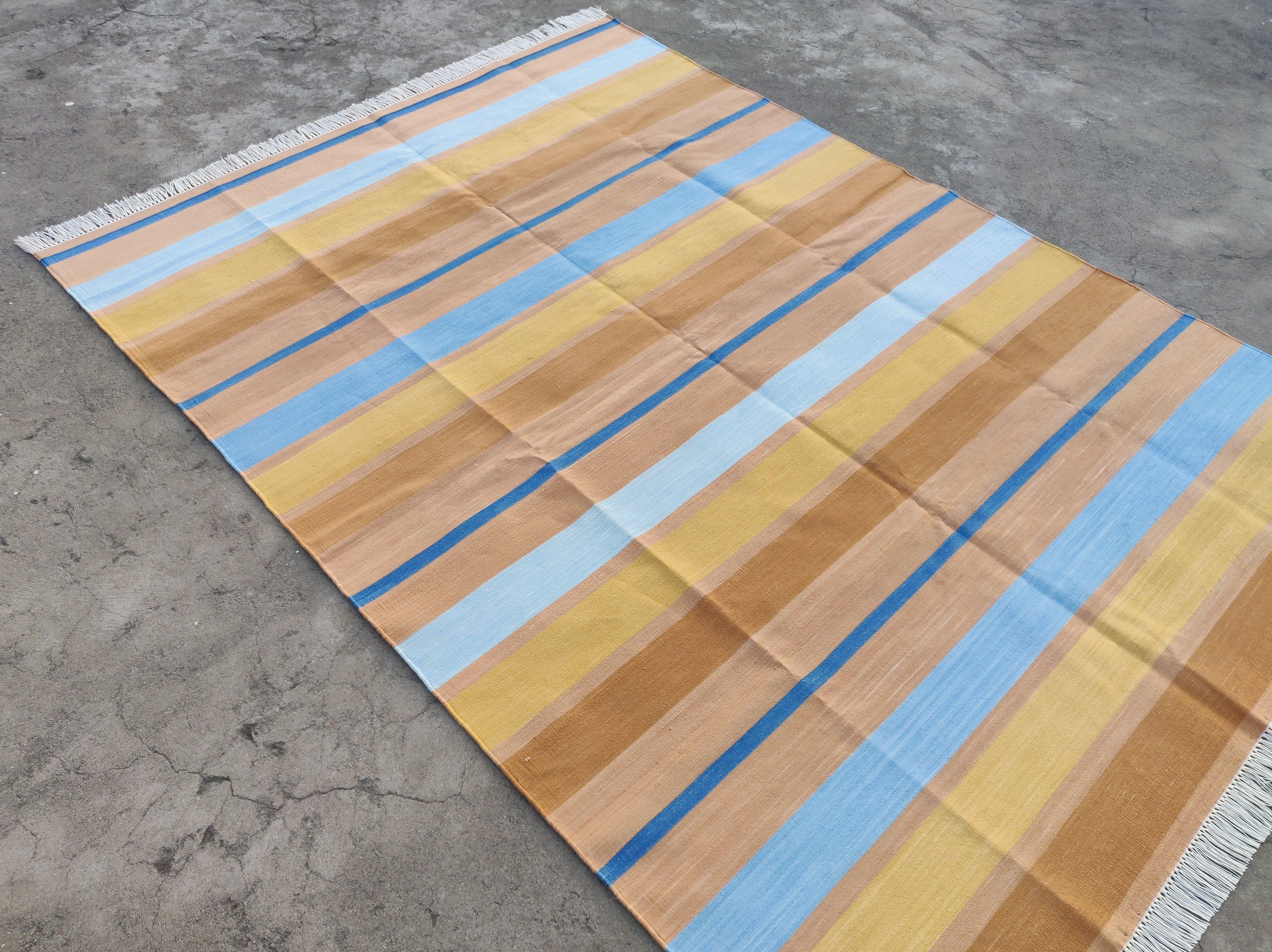 Handmade Cotton Area Flat Weave Rug, 5x7 Tan And Blue Striped Indian Dhurrie Rug For Sale 1