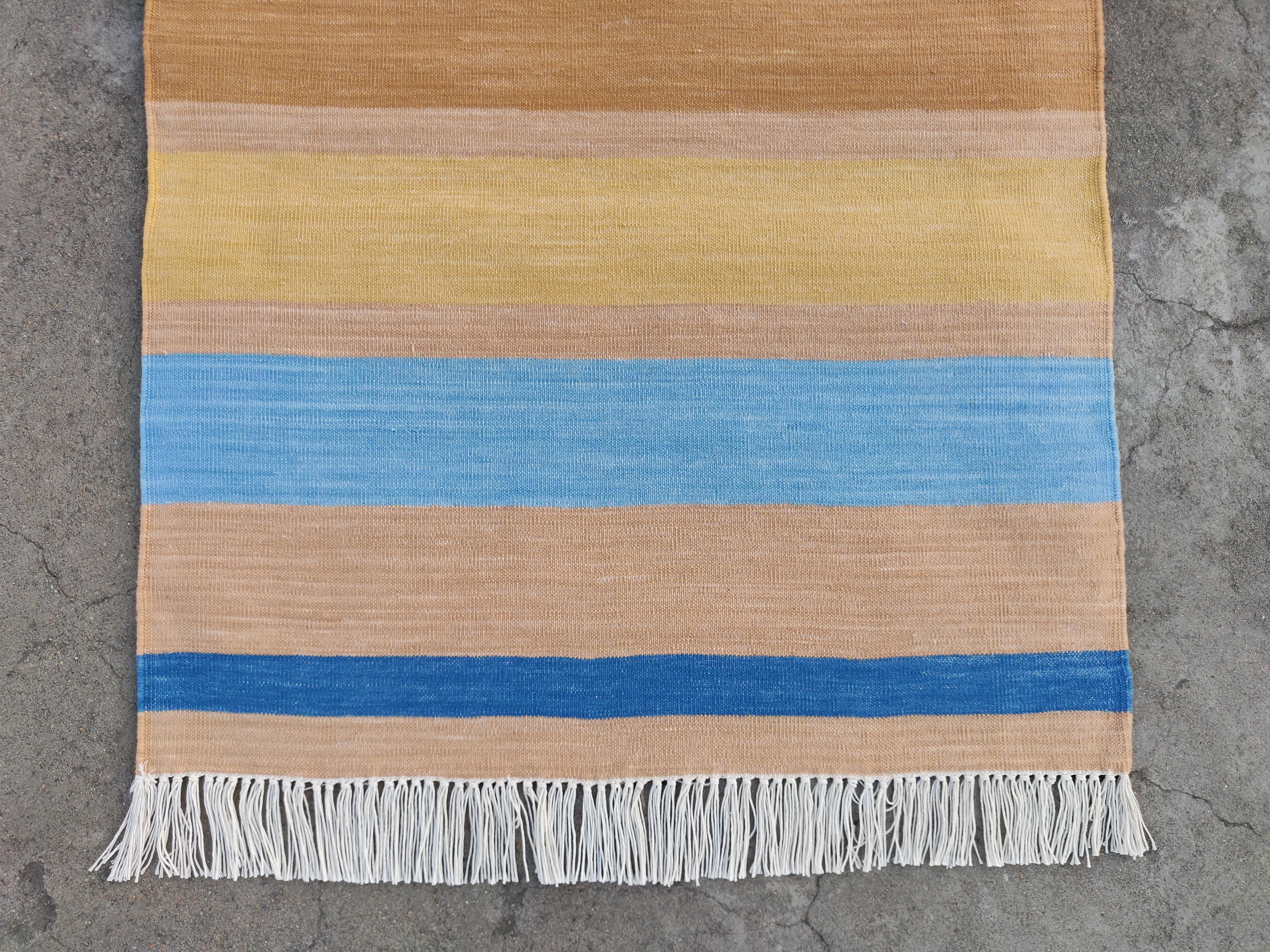 Handmade Cotton Area Flat Weave Rug, 5x7 Tan And Blue Striped Indian Dhurrie Rug For Sale 2