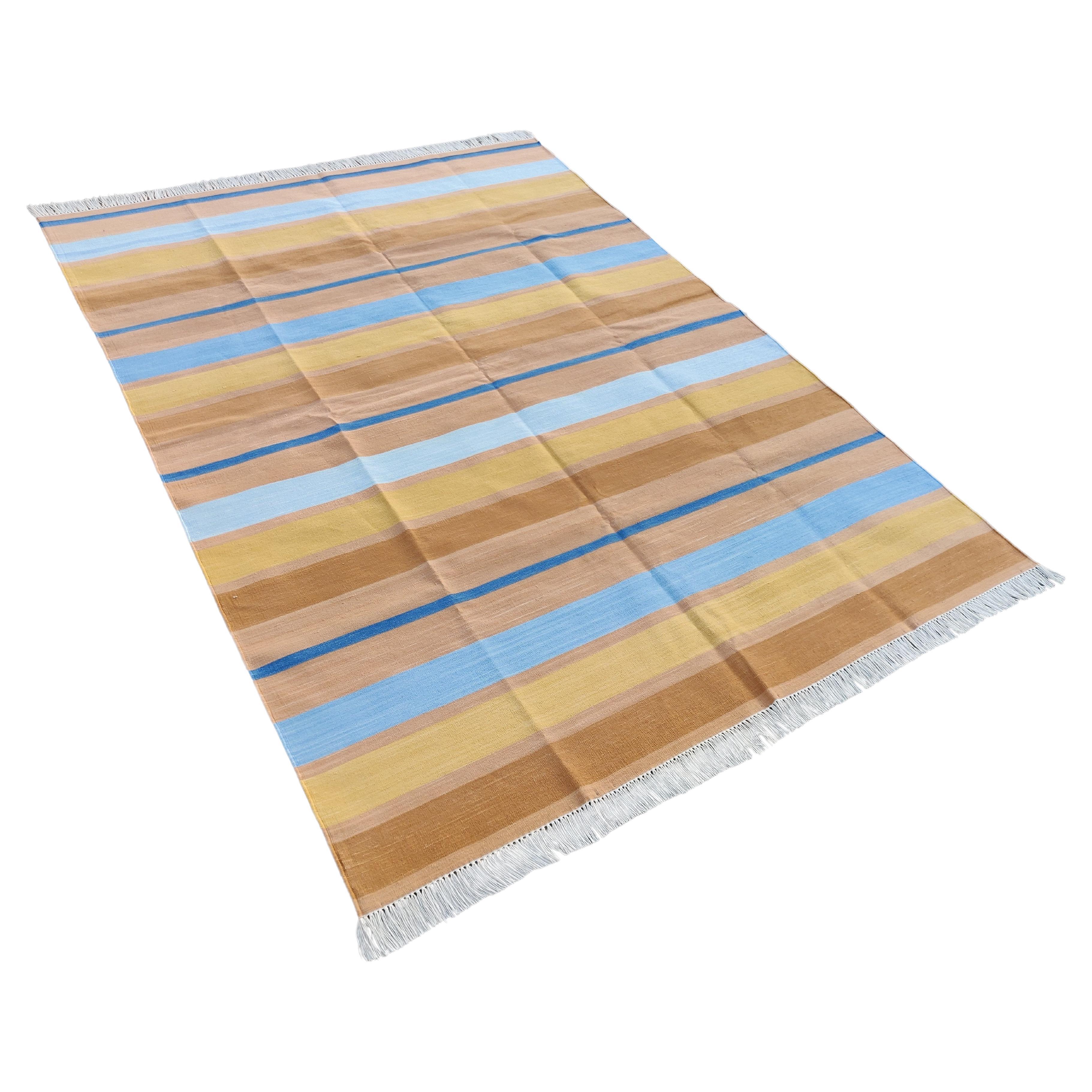 Handmade Cotton Area Flat Weave Rug, 5x7 Tan And Blue Striped Indian Dhurrie Rug For Sale