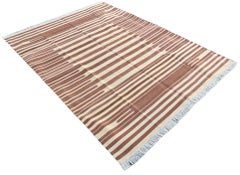 Handmade Cotton Area Flat Weave Rug, 5x7 Tan And Cream Striped Indian Dhurrie