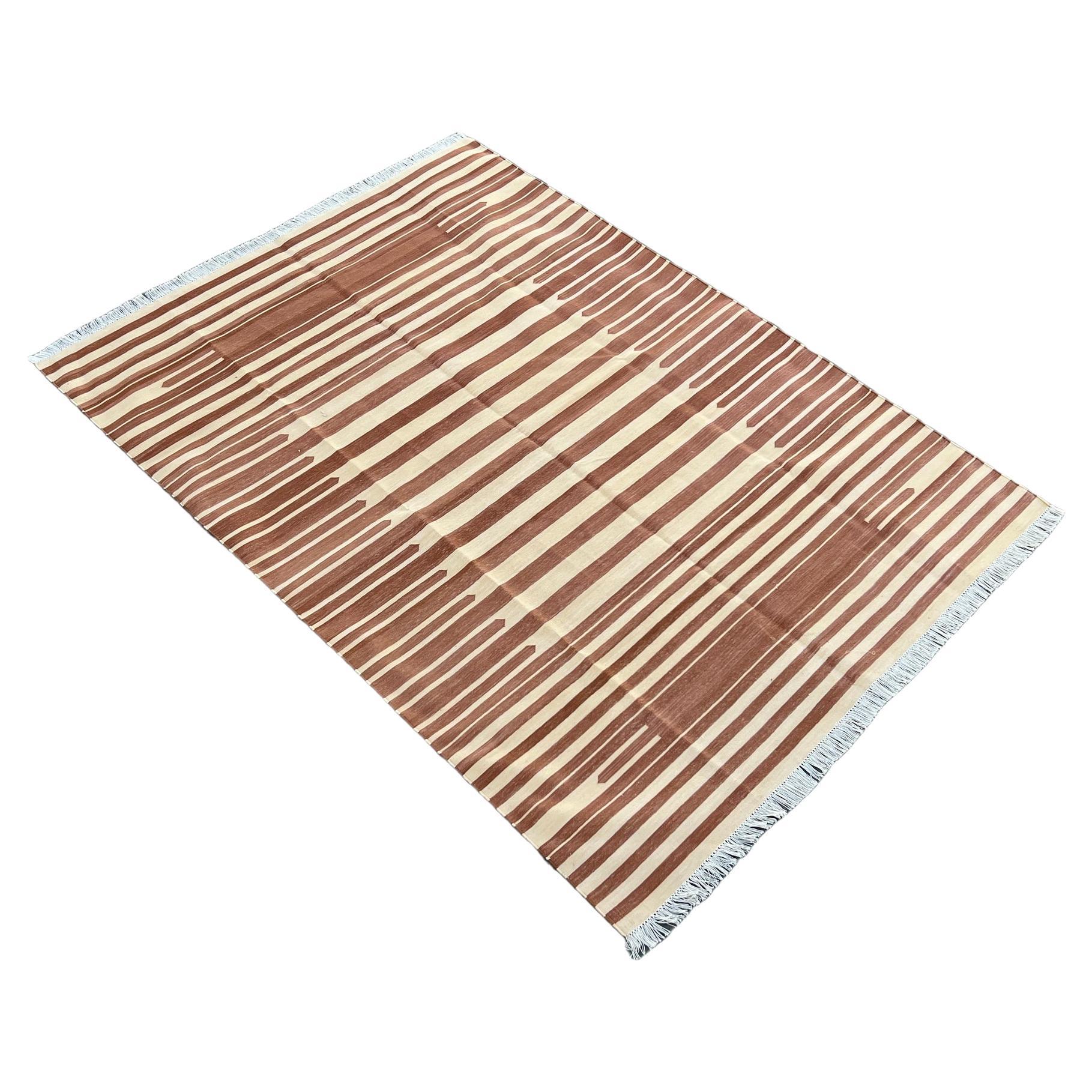 Handmade Cotton Area Flat Weave Rug, 5x7 Tan And Cream Striped Indian Dhurrie For Sale