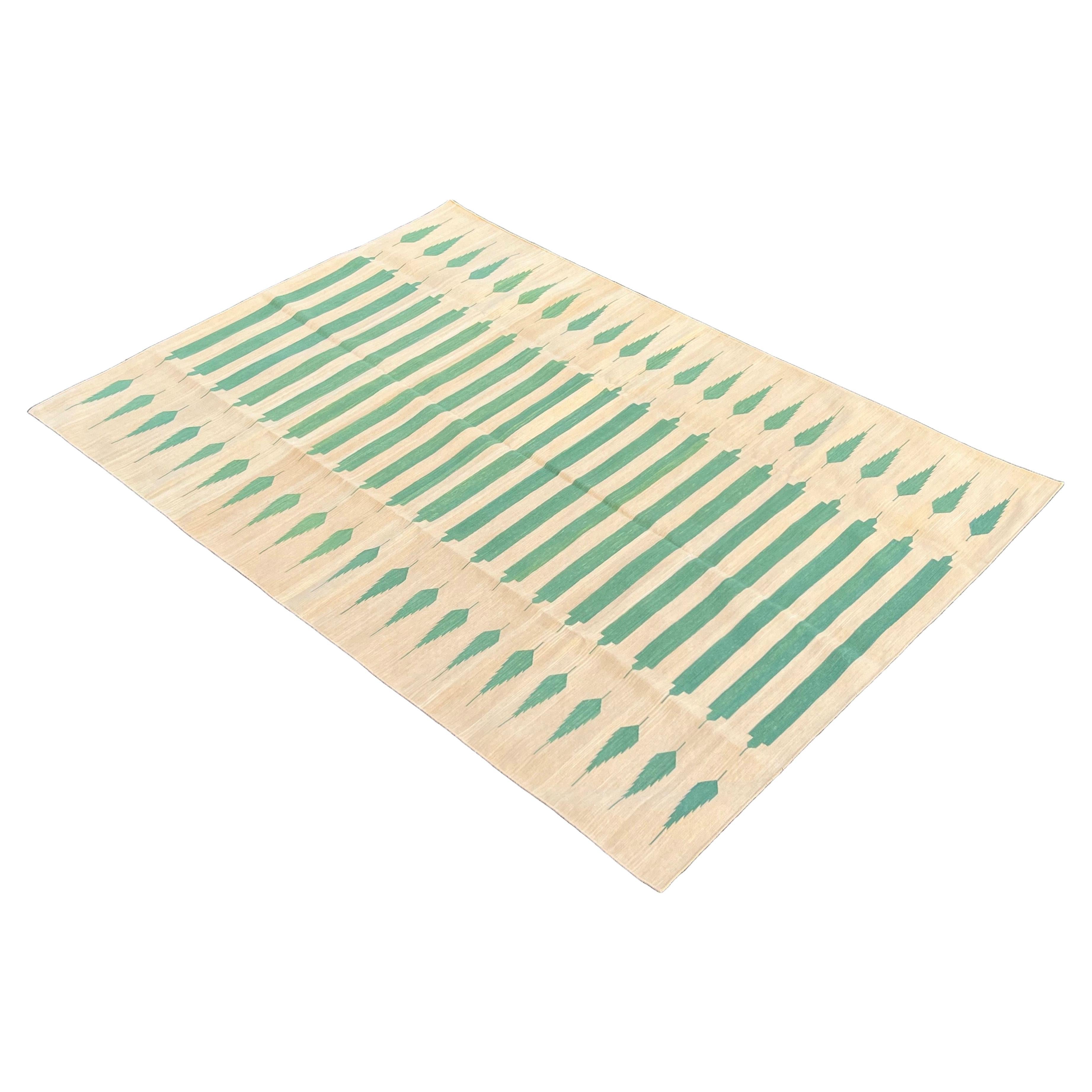 Handmade Cotton Area Flat Weave Rug, 5x7 Yellow And Blue Striped Indian Dhurrie